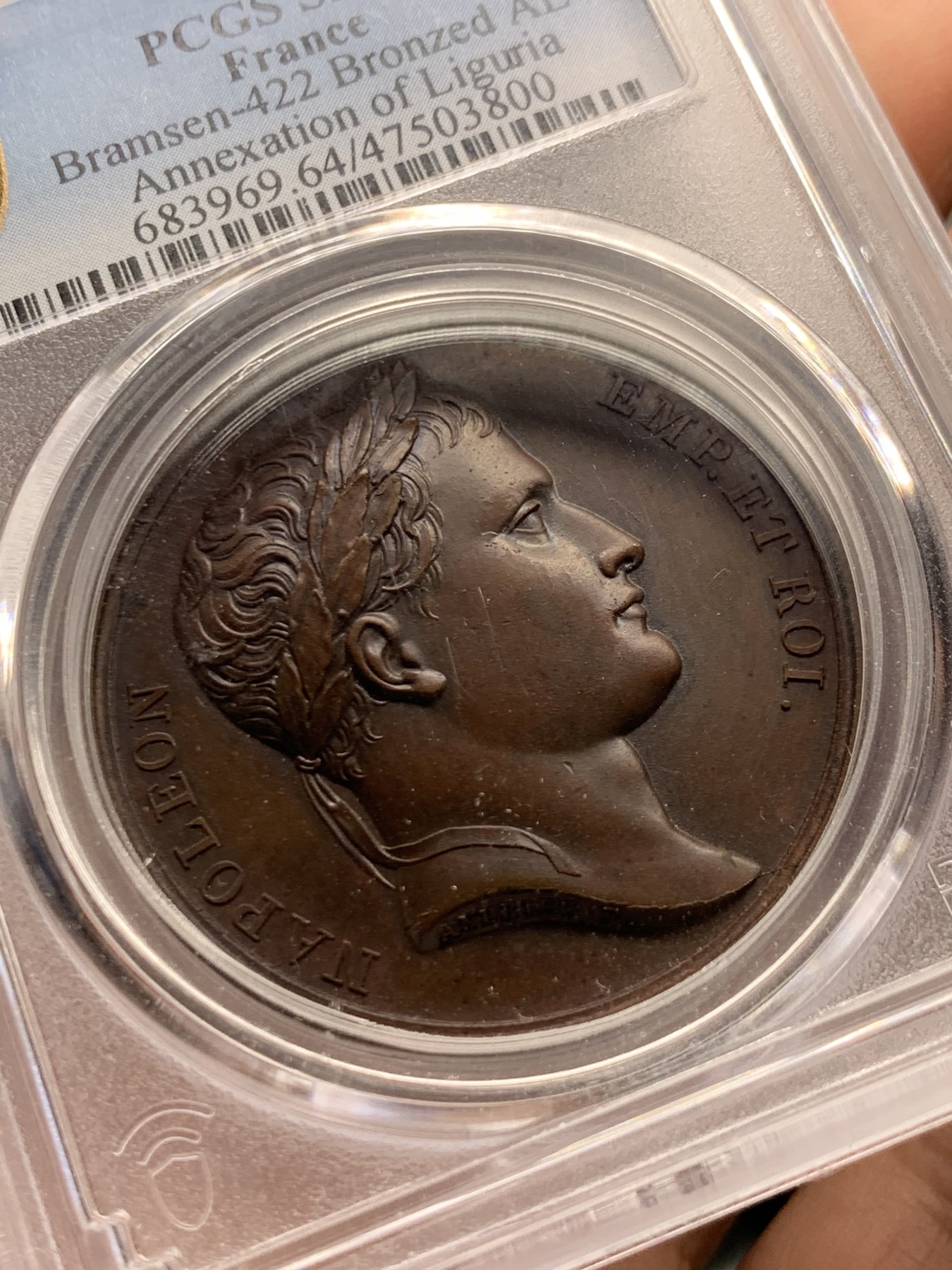 《竞宝斋》第249场-周日，周一 ，周二3场连拍 (全场包邮) PCGS  SP64  法国  1805  拿破仑吞并利古里亚铜章，PCGS加厚盒子