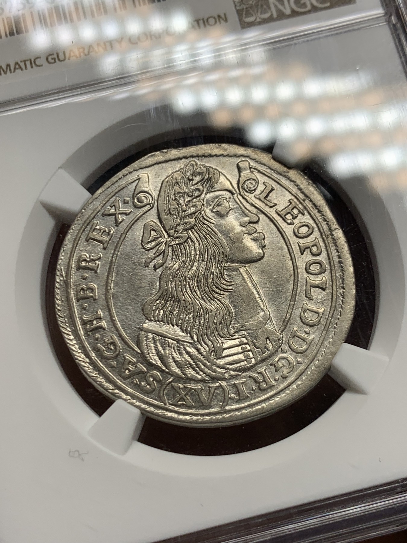 《竞宝斋》第249场-周日，周一 ，周二3场连拍 (全场包邮) NGC  AU53  匈牙利 1676年利奥波德一世15K