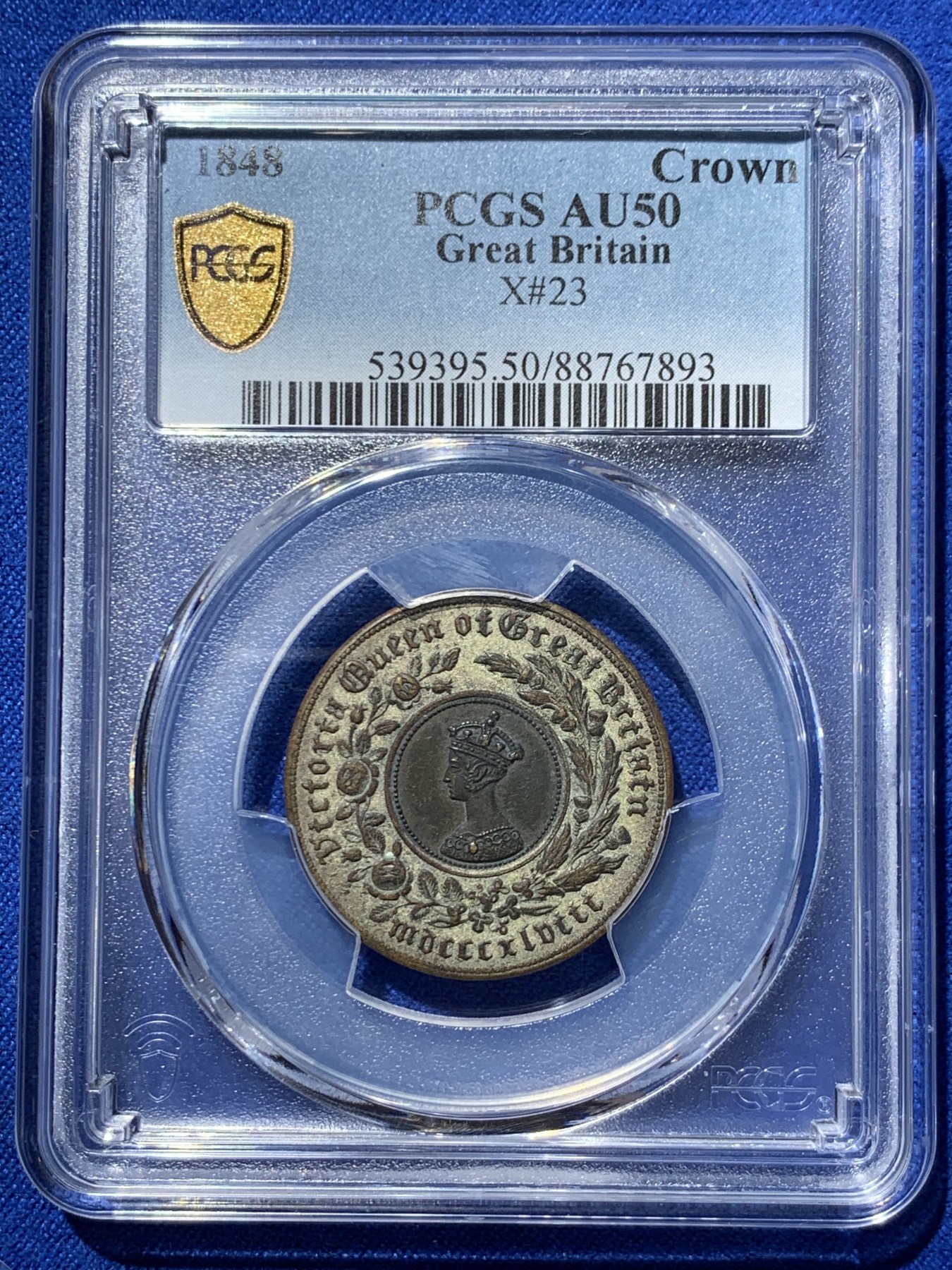 《竞宝斋》第249场-周日，周一 ，周二3场连拍 (全场包邮) PCGS AU50 英国 1848年 维多利亚 双色克朗 稀少无签字版 更高分就5枚，最高分也就62