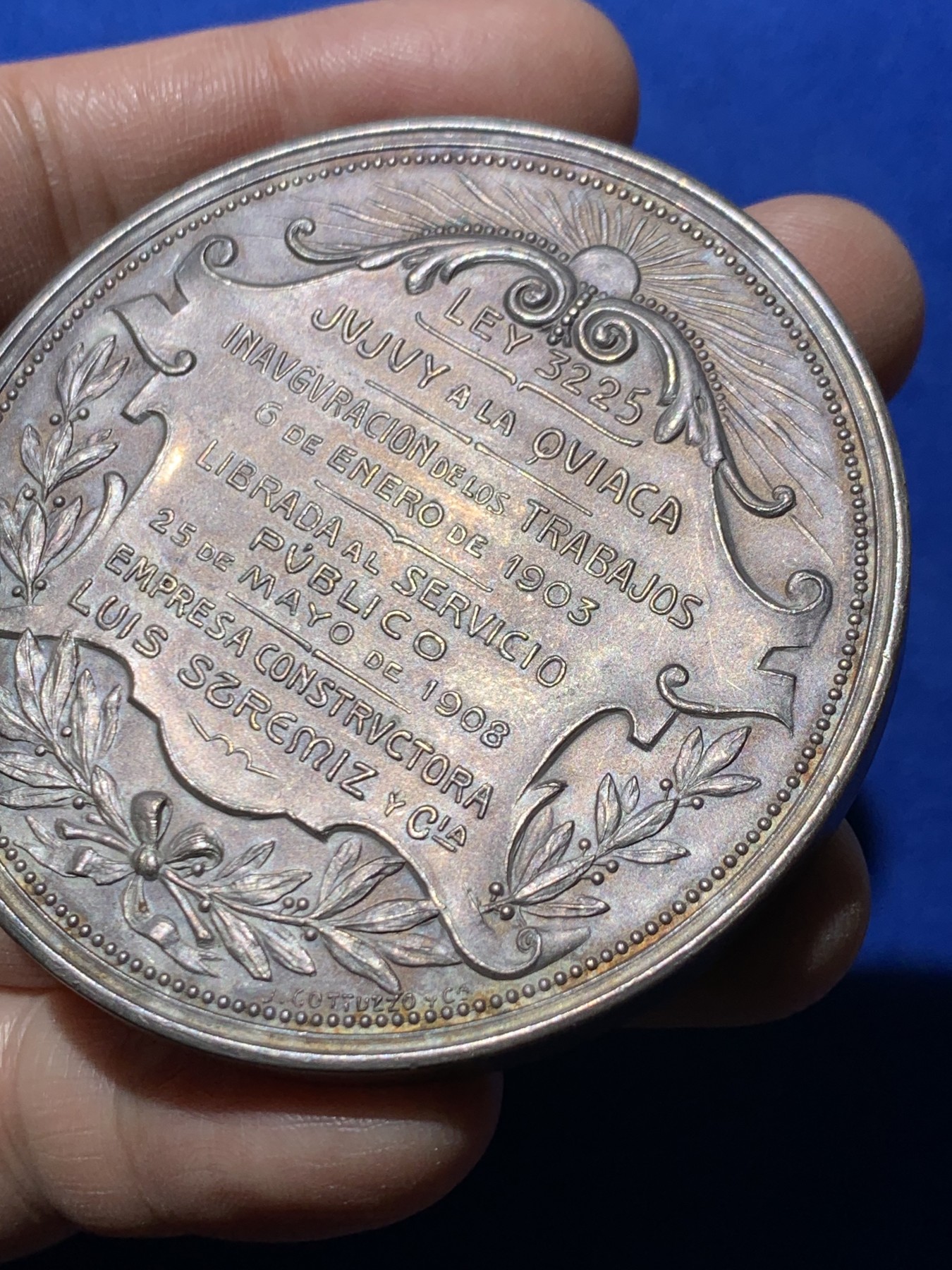 《竞宝斋》第249场-周日，周一 ，周二3场连拍 (全场包邮) 1908 玻利维亚-阿根廷铁路开通镀银铜章，直径65.7mm，约128.7克