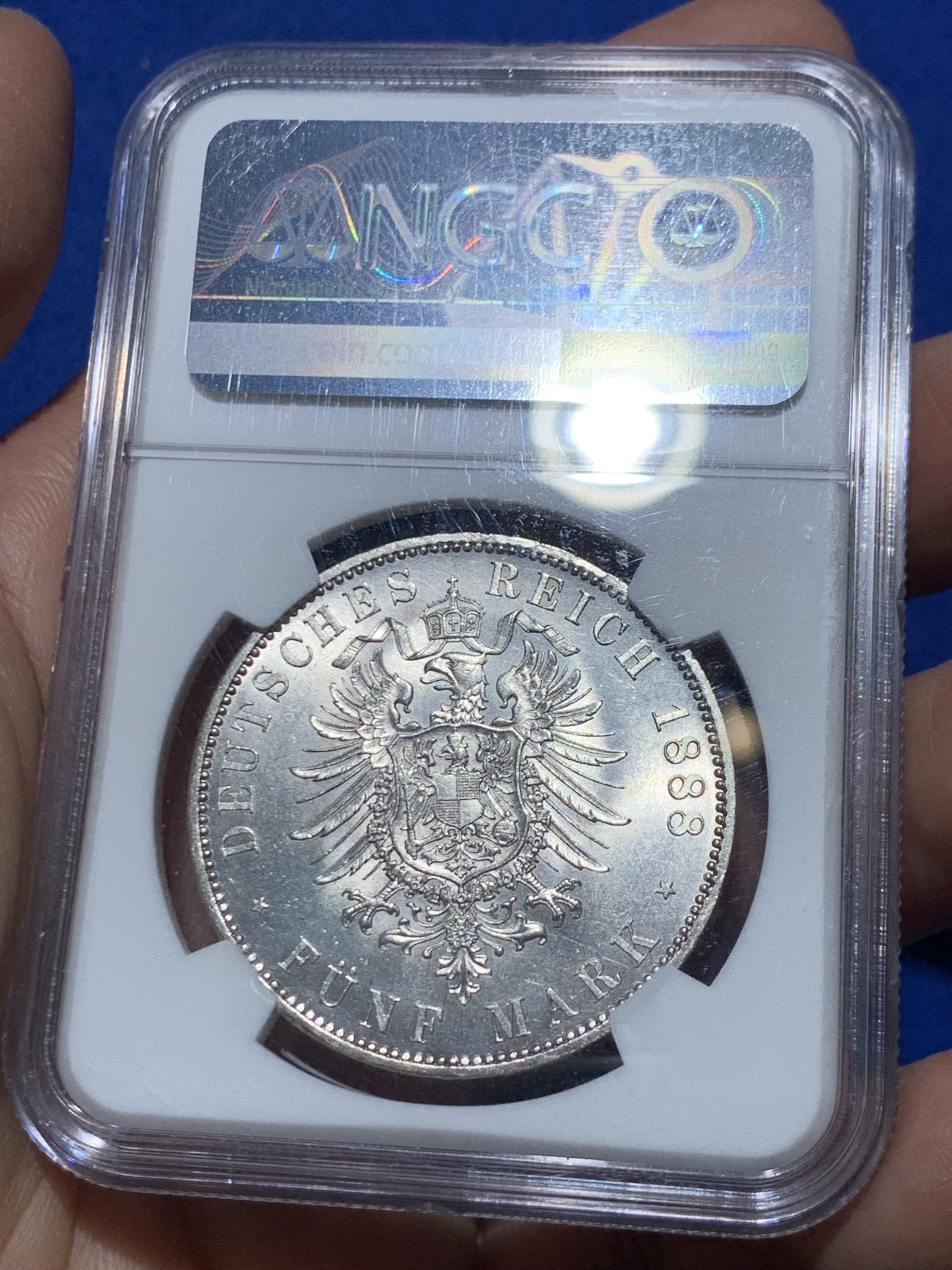 《竞宝斋》第249场-周日，周一 ，周二3场连拍 (全场包邮) NGC MS63+ 德国普鲁士 1888年 三皇 5马克 银币