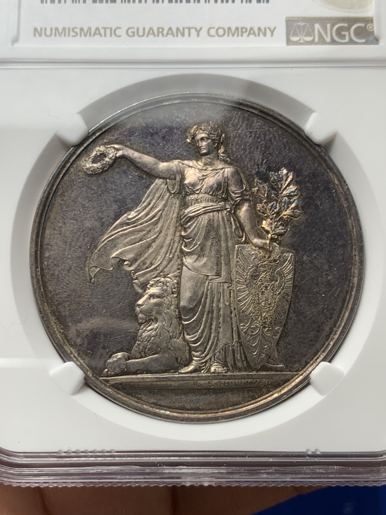 《竞宝斋》第249场-周日，周一 ，周二3场连拍 (全场包邮) NGC MS62 德国1875斯图加特射击节纪念银章 镜面底板 双面五彩包浆