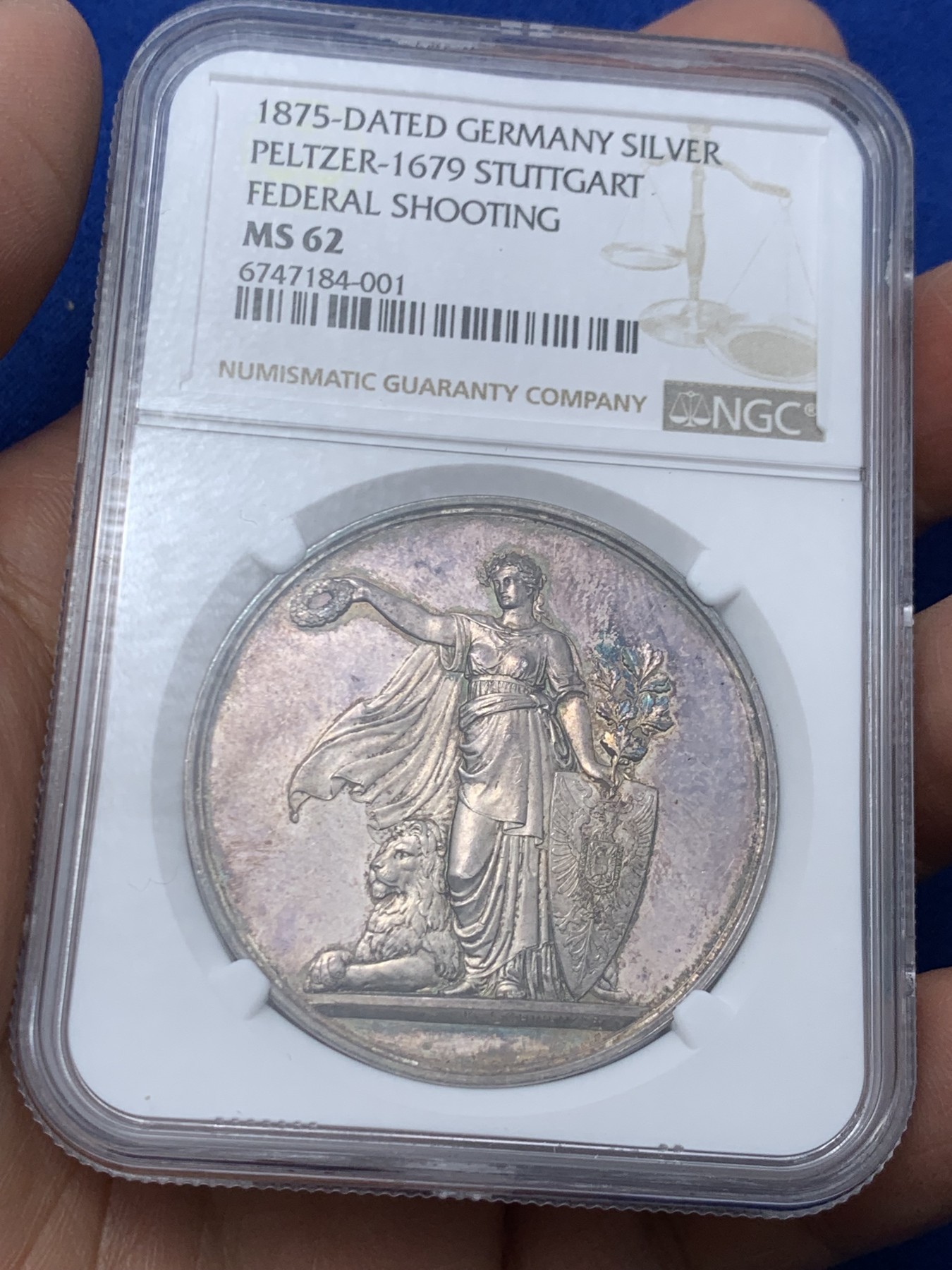 《竞宝斋》第249场-周日，周一 ，周二3场连拍 (全场包邮) NGC MS62 德国1875斯图加特射击节纪念银章 镜面底板 双面五彩包浆