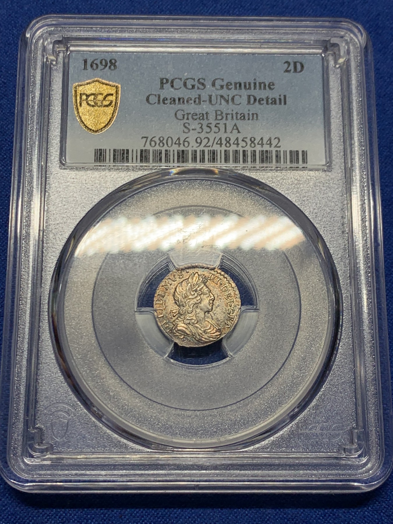 《竞宝斋》第249场-周日，周一 ，周二3场连拍 (全场包邮) PCGS  UNC  英国  1698年威廉三世2便士，少见早期英国便士银币