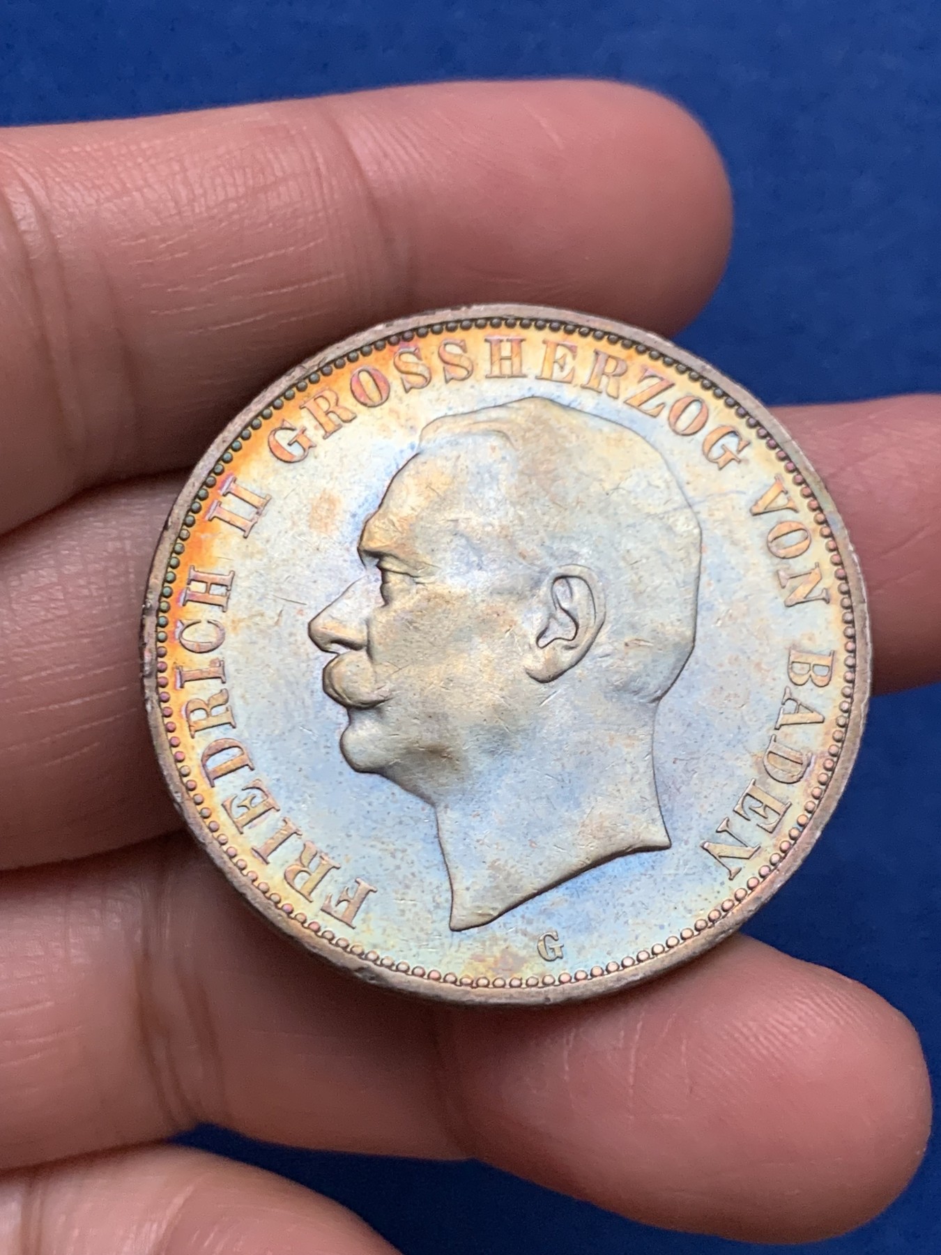 《竞宝斋》第249场-周日，周一 ，周二3场连拍 (全场包邮) 1913年德国巴登弗里德里希5马克银币