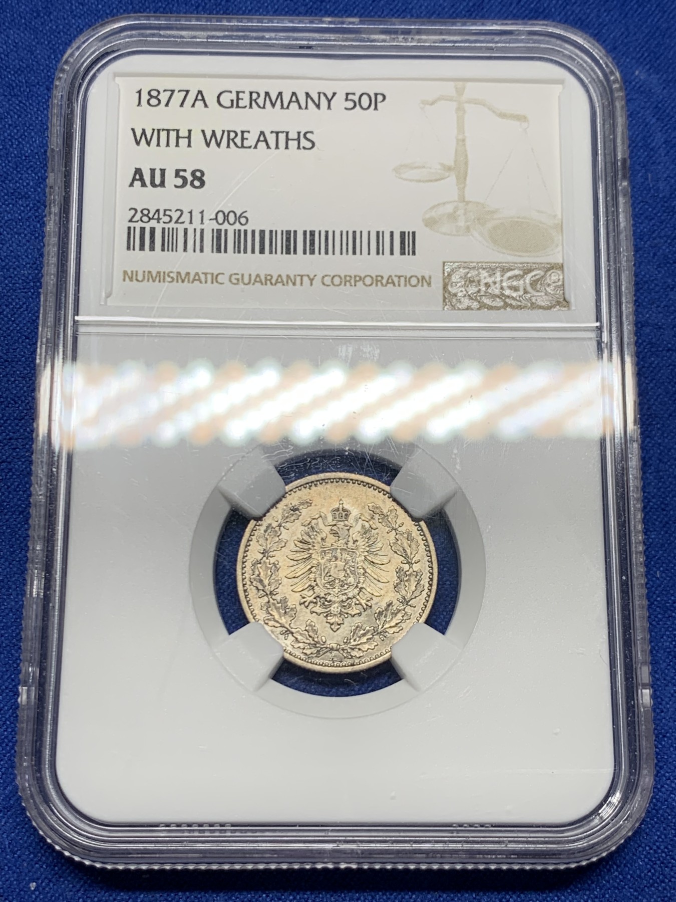 《竞宝斋》第249场-周日，周一 ，周二3场连拍 (全场包邮) NGC  AU58  德国  1877年  短翅鹰50芬尼，短翅的50芬尼比半马克少见的多