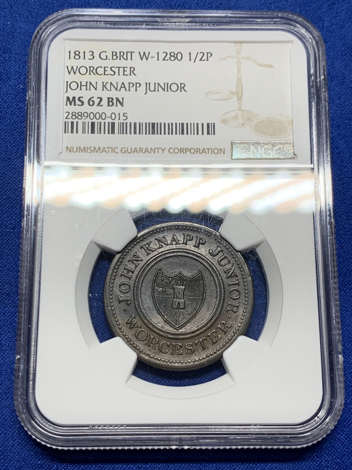 《竞宝斋》第249场-周日，周一 ，周二3场连拍 (全场包邮) NGC  MS62BN  英国  1813年  伍斯特1/2便士TOKEN代用币