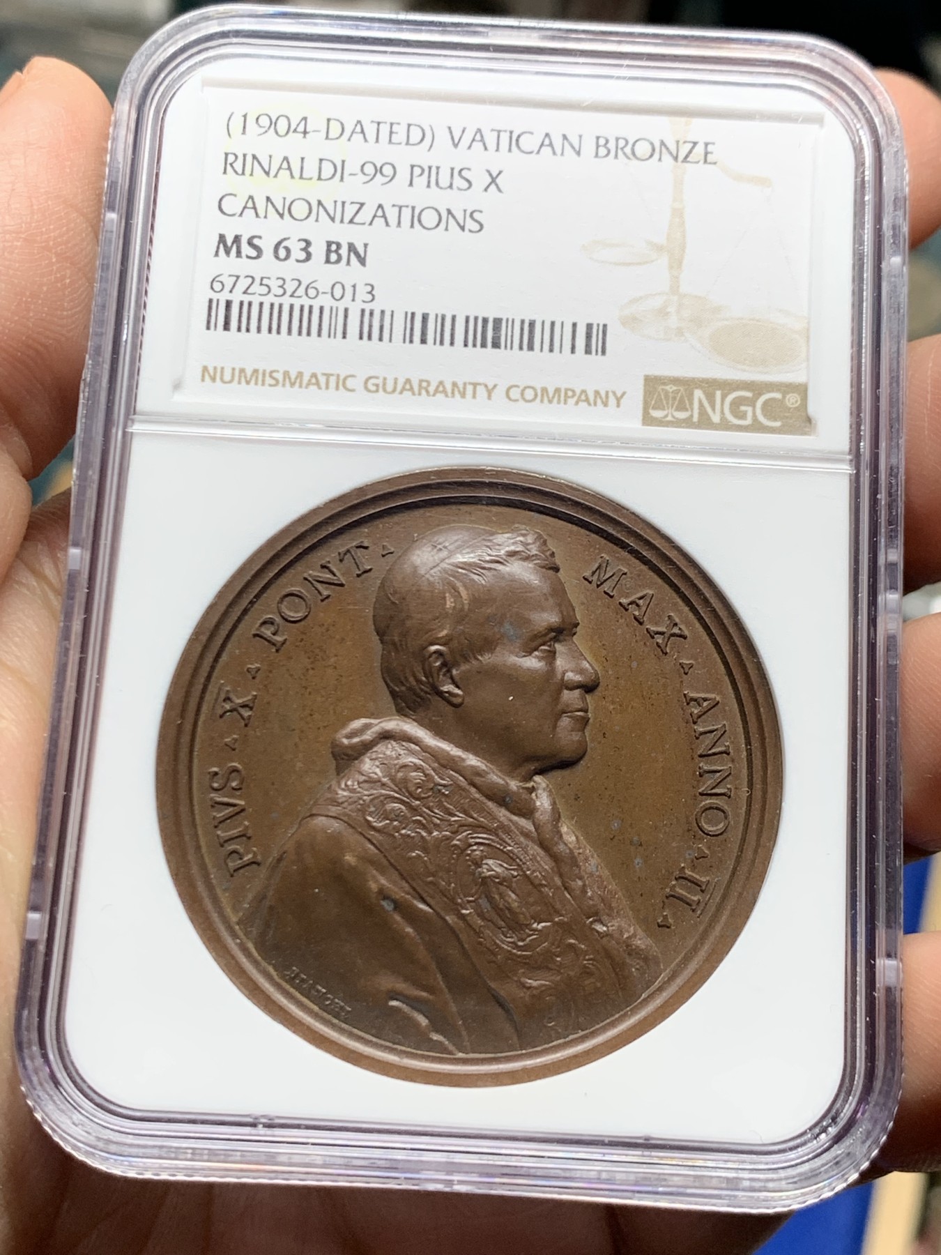《竞宝斋》第249场-周日，周一 ，周二3场连拍 (全场包邮) NGC  MS63BN  梵蒂冈  1904  教皇庇护十世铜章，加厚盒子
