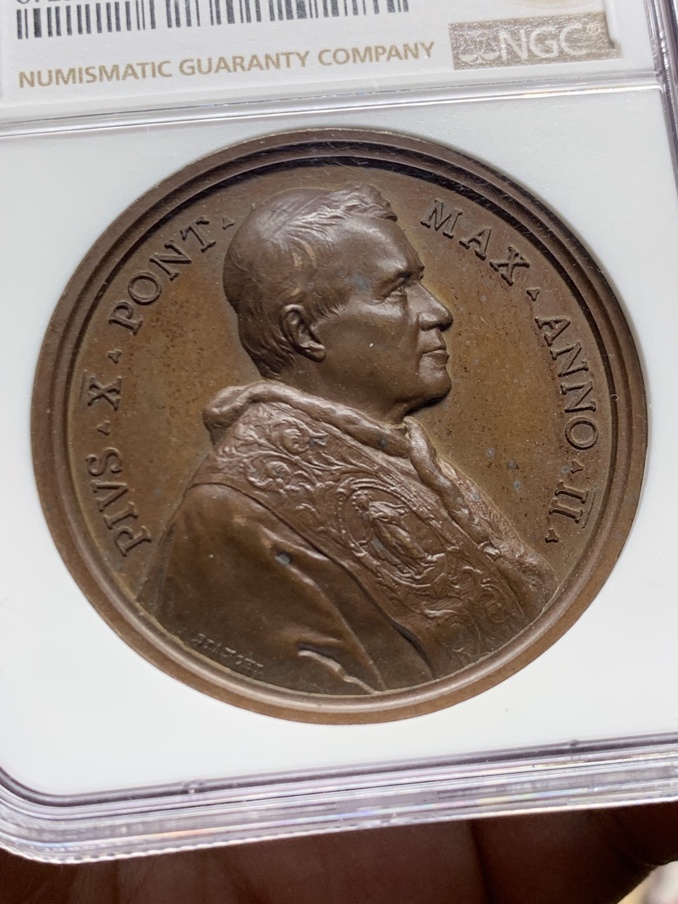 《竞宝斋》第249场-周日，周一 ，周二3场连拍 (全场包邮) NGC  MS63BN  梵蒂冈  1904  教皇庇护十世铜章，加厚盒子