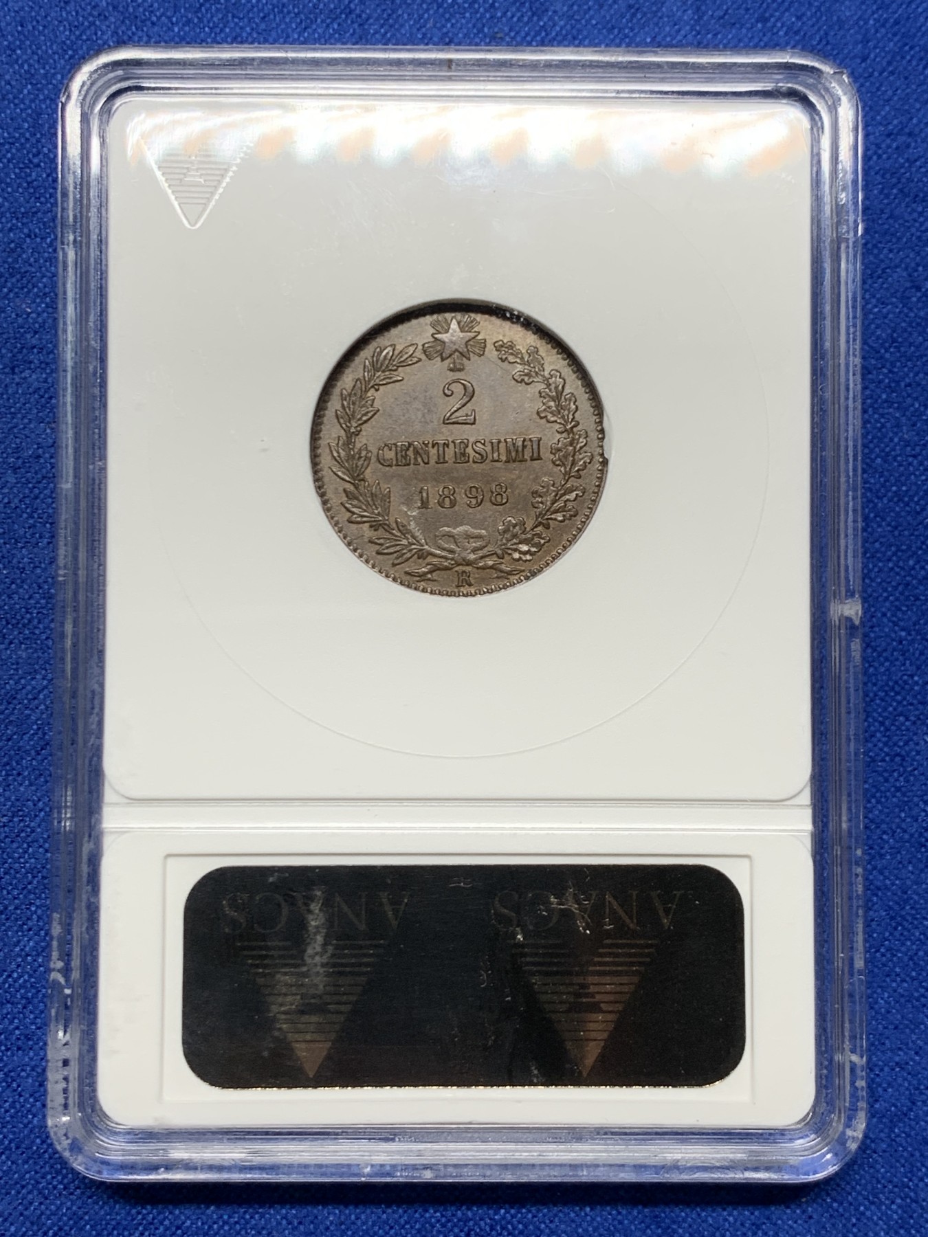 《竞宝斋》第249场-周日，周一 ，周二3场连拍 (全场包邮) ANACS MS63BRN  意大利  1898年  埃曼纽尔2分铜币，经典小白盒，品相不错