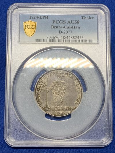 《竞宝斋》第249场-周日，周一 ，周二3场连拍 (全场包邮) - PCGS  AU58 德国 1724年 布伦瑞克泰勒，PCGS冠军分，状态极佳，大盒子完好