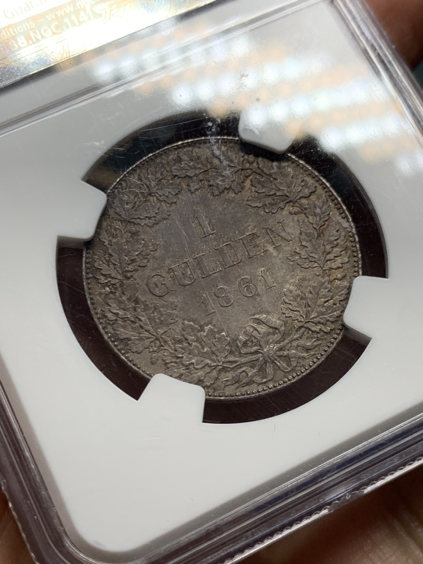 《竞宝斋》第249场-周日，周一 ，周二3场连拍 (全场包邮) NGC  MS63  德国  1861年  法兰克福1盾，比常见的法兰克福少女泰勒少很多，品相不错