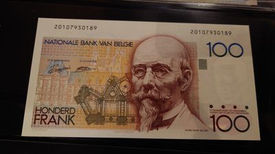 【世界钱币】精选微拍第98期暨2024年第9期  比利时100法郎 全新绝品无47尾号189