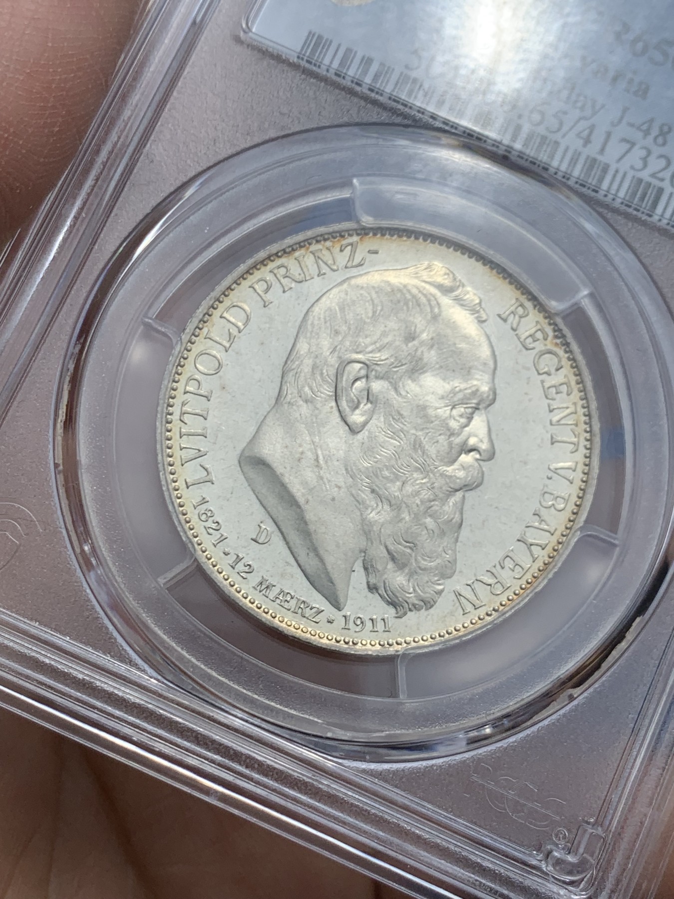 《竞宝斋》第249场-周日，周一 ，周二3场连拍 (全场包邮) PCGS  PR65CAM  德国  1911年  巴伐利亚奥波德精制3马克