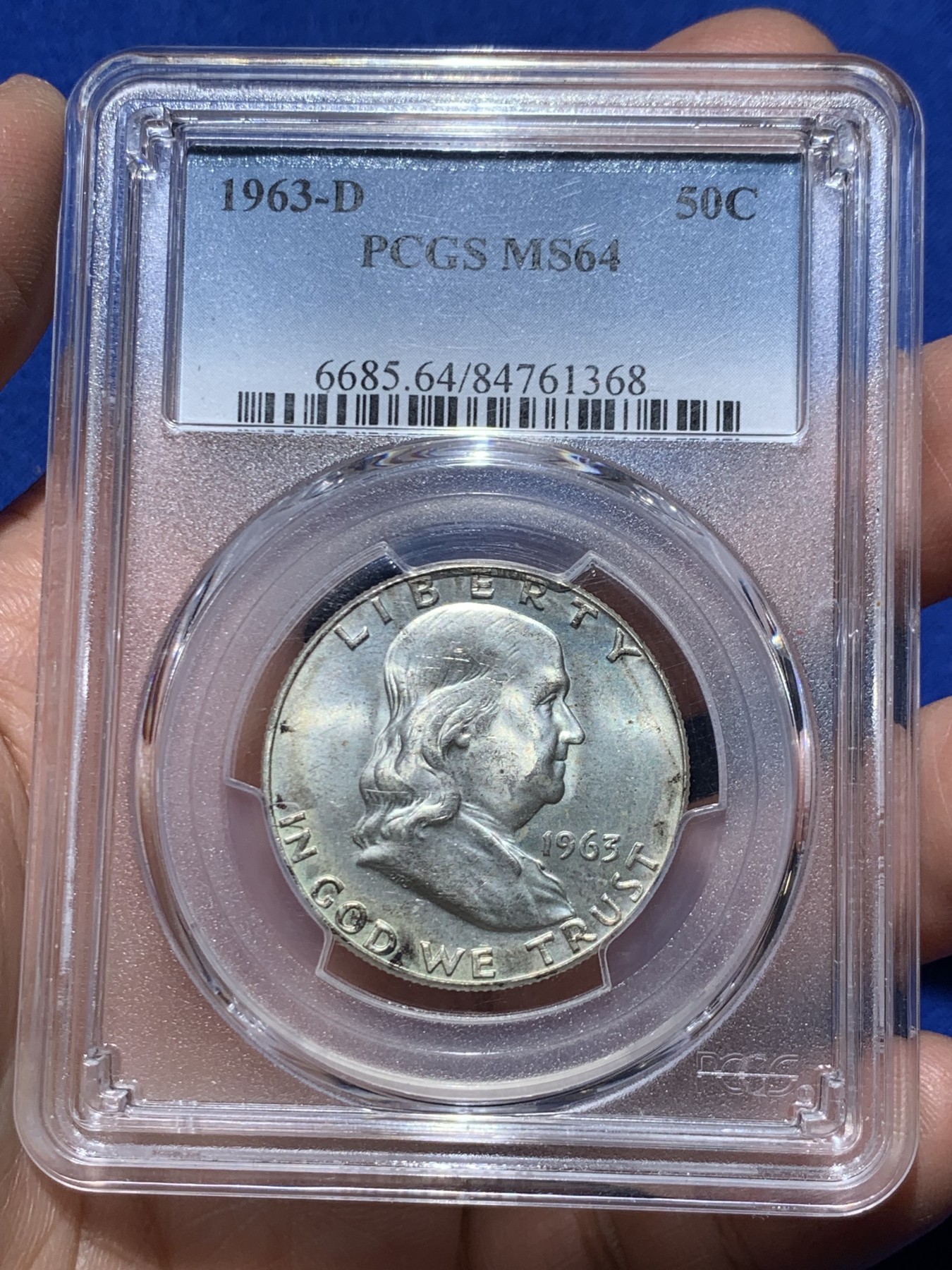 《竞宝斋》第249场-周日，周一 ，周二3场连拍 (全场包邮) PCGS MS64 美国1963年D版富兰克林50分银币