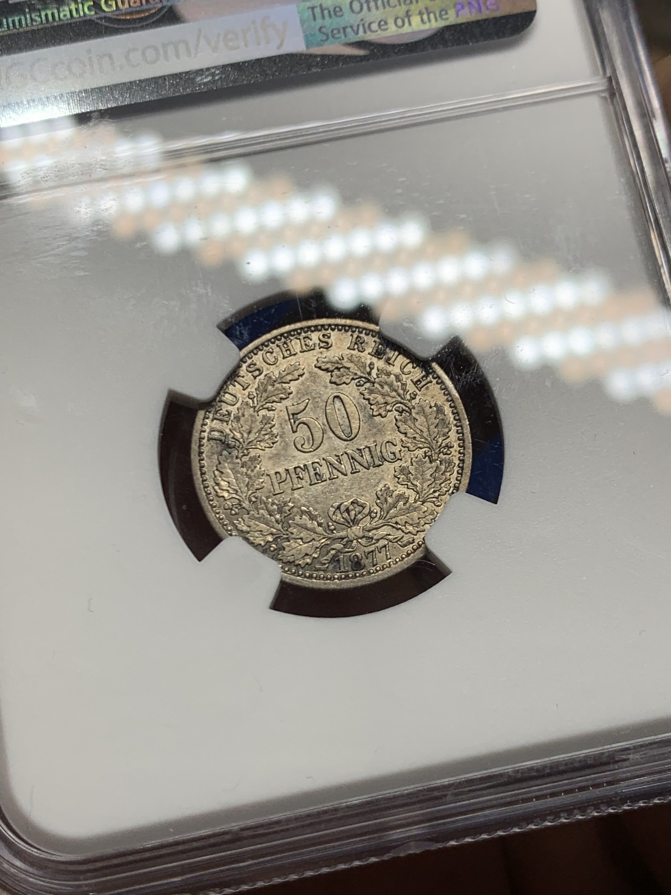 《竞宝斋》第249场-周日，周一 ，周二3场连拍 (全场包邮) NGC  AU58  德国  1877年  短翅鹰50芬尼，短翅的50芬尼比半马克少见的多