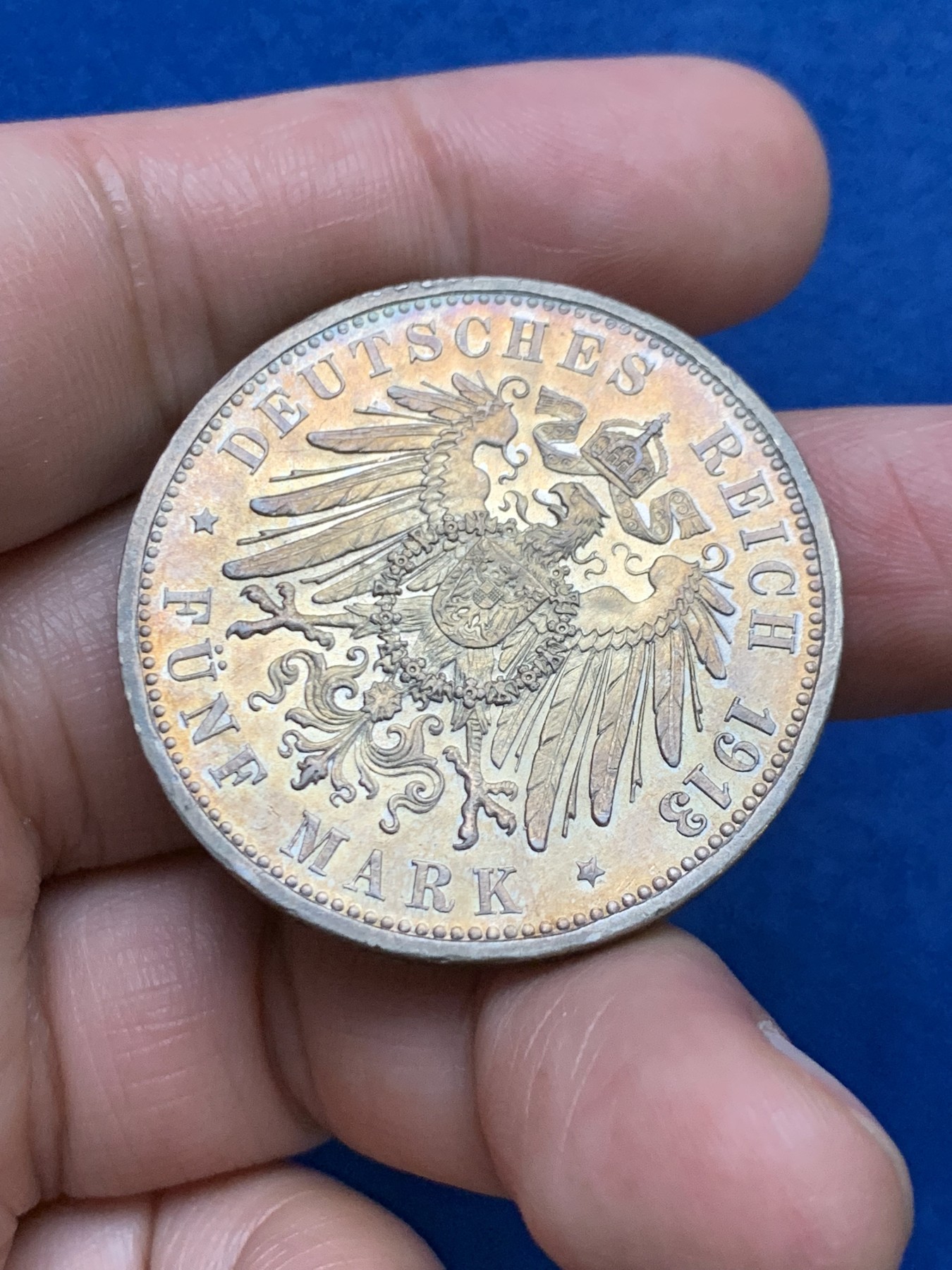 《竞宝斋》第249场-周日，周一 ，周二3场连拍 (全场包邮) 1913年德国巴登弗里德里希5马克银币