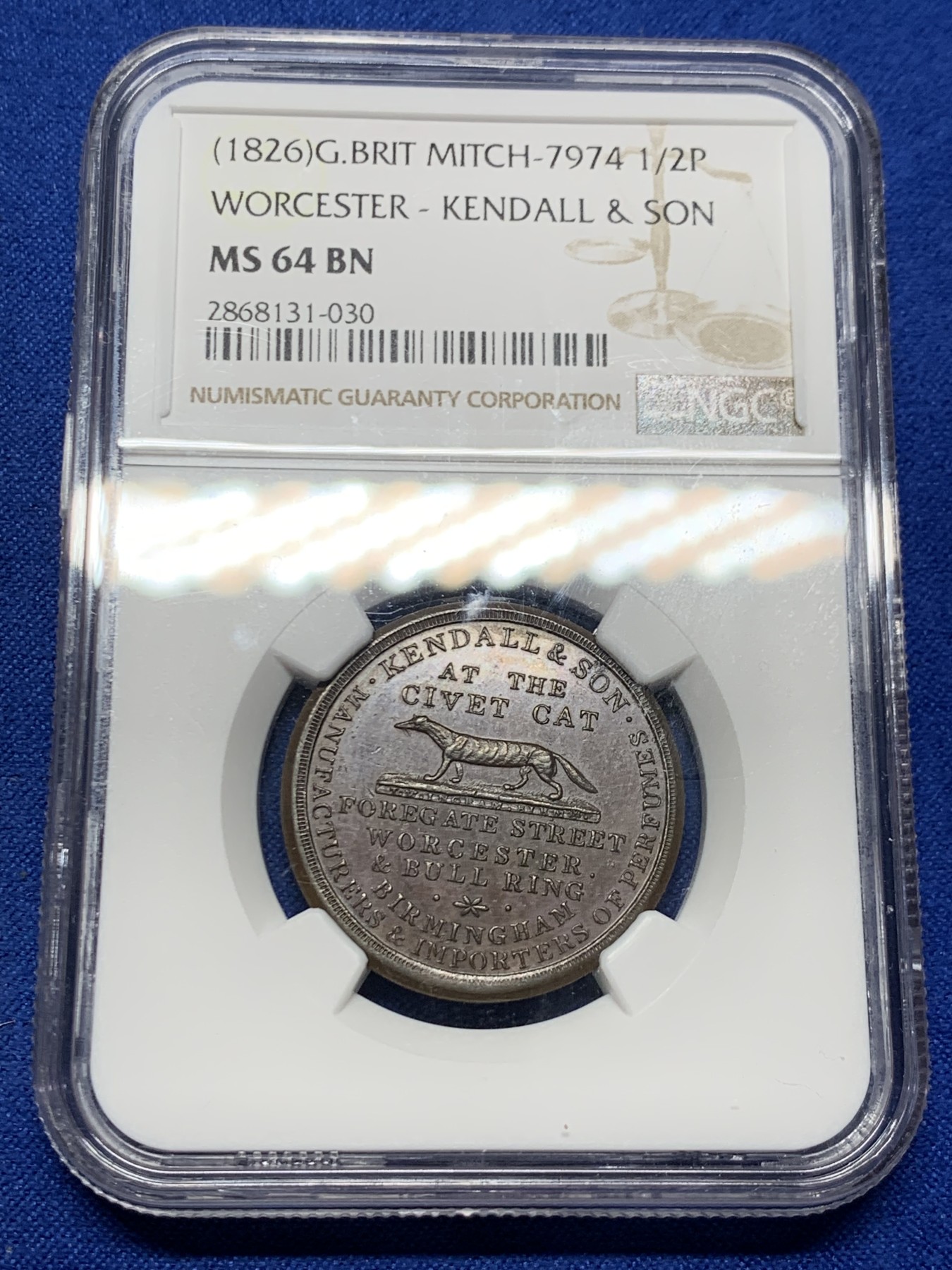 《竞宝斋》第249场-周日，周一 ，周二3场连拍 (全场包邮) NGC  MS64BN  英国  1826年  伍斯特1/2便士TOKEN代用币