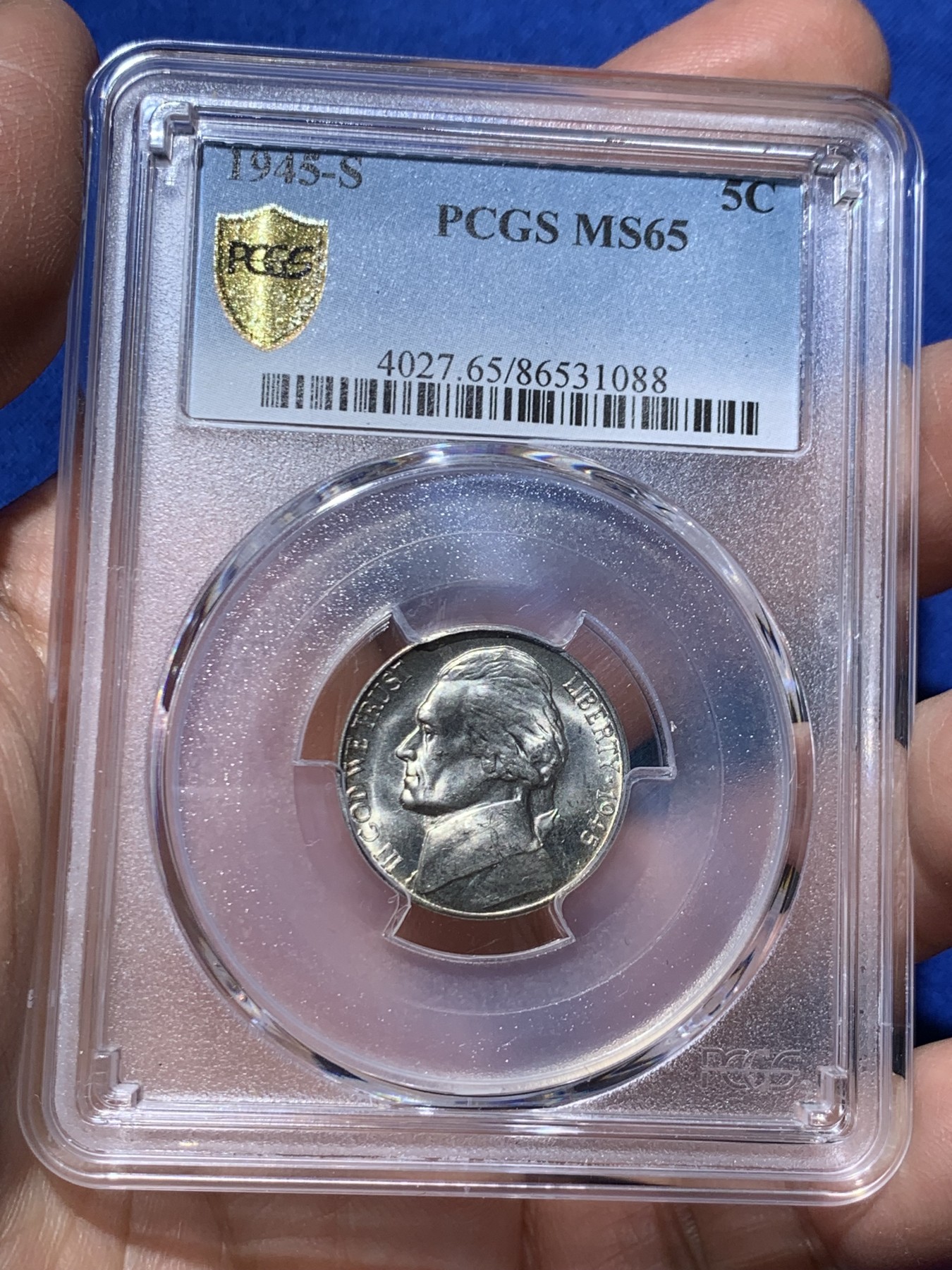 《竞宝斋》第249场-周日，周一 ，周二3场连拍 (全场包邮) PCGS MS65 美国 1945年 杰弗逊 5美分 战时低银版 仅1942-1945这几年为含银版，其余年份都是镍币