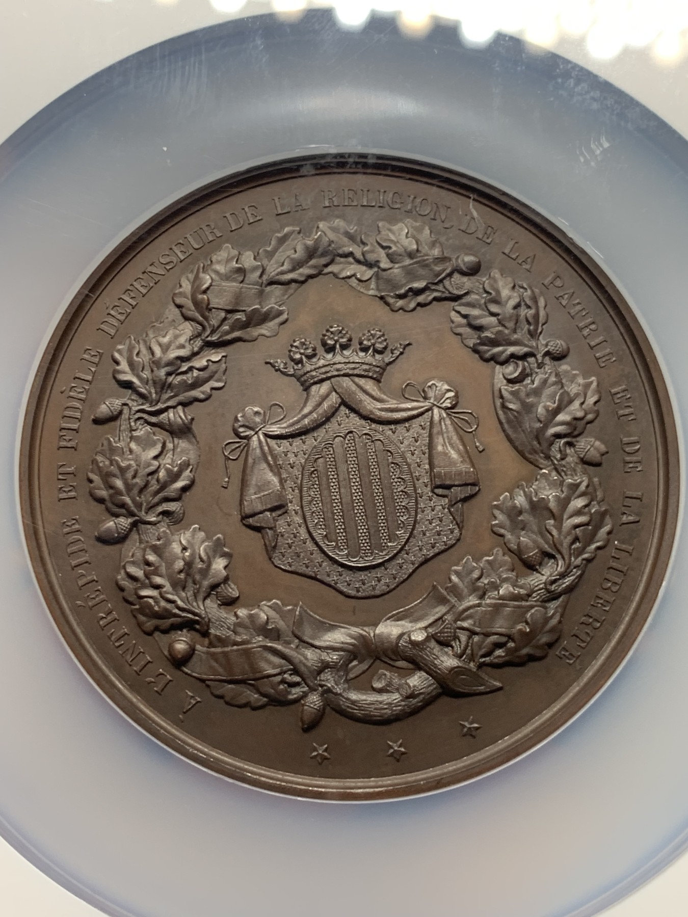 《竞宝斋》第249场-周日，周一 ，周二3场连拍 (全场包邮) NGC  MS63BN  比利时  1857  财政部长费利克铜章，很漂亮的红铜大章