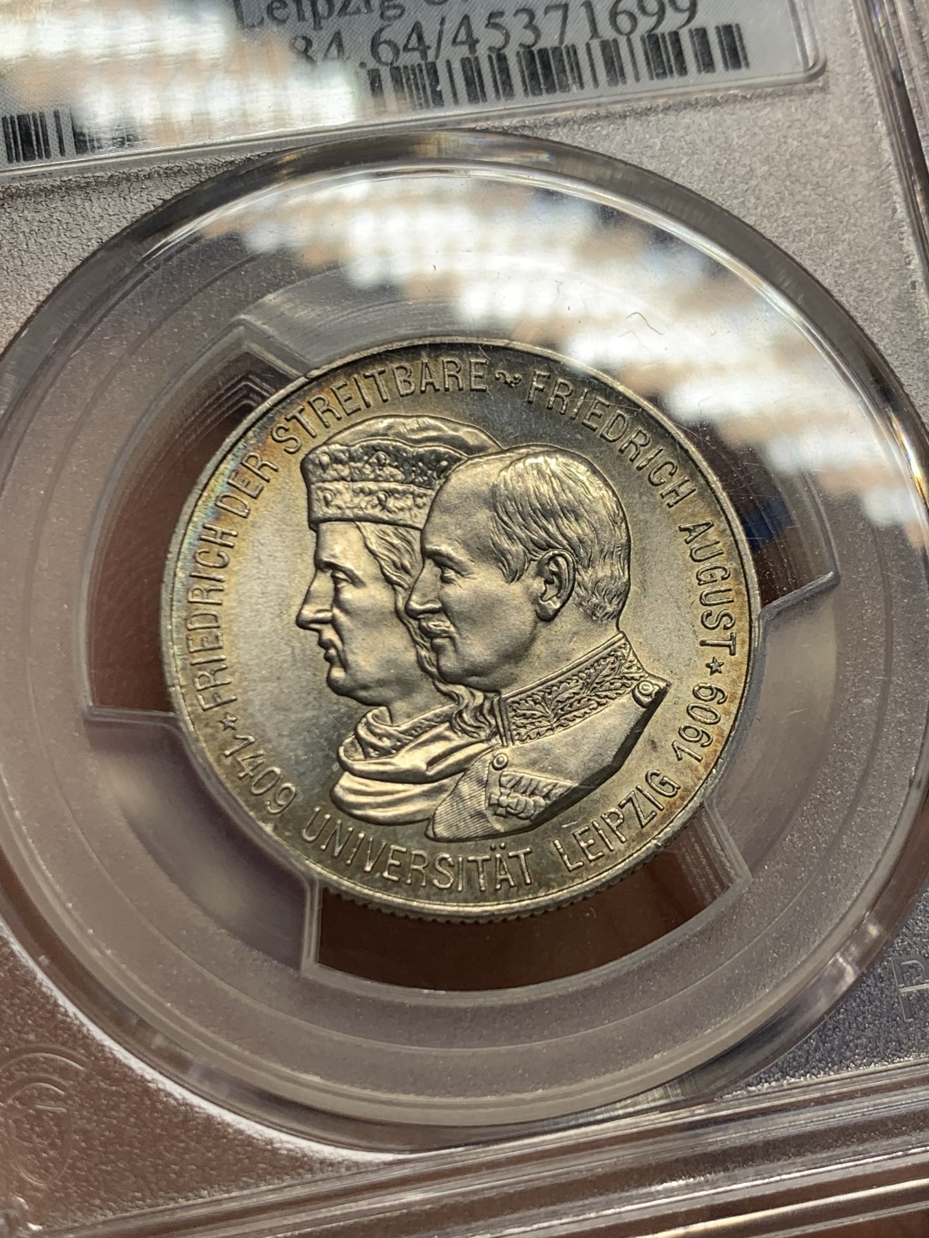 《竞宝斋》第249场-周日，周一 ，周二3场连拍 (全场包邮) PCGS  MS64  德国  1909年  萨克森莱比锡大学2马克