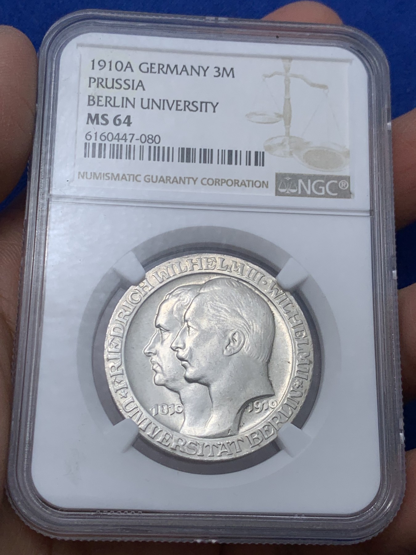 《竞宝斋》第249场-周日，周一 ，周二3场连拍 (全场包邮) NGC MS64 德国普鲁士 1910年 柏林大学纪念 3马克 银币