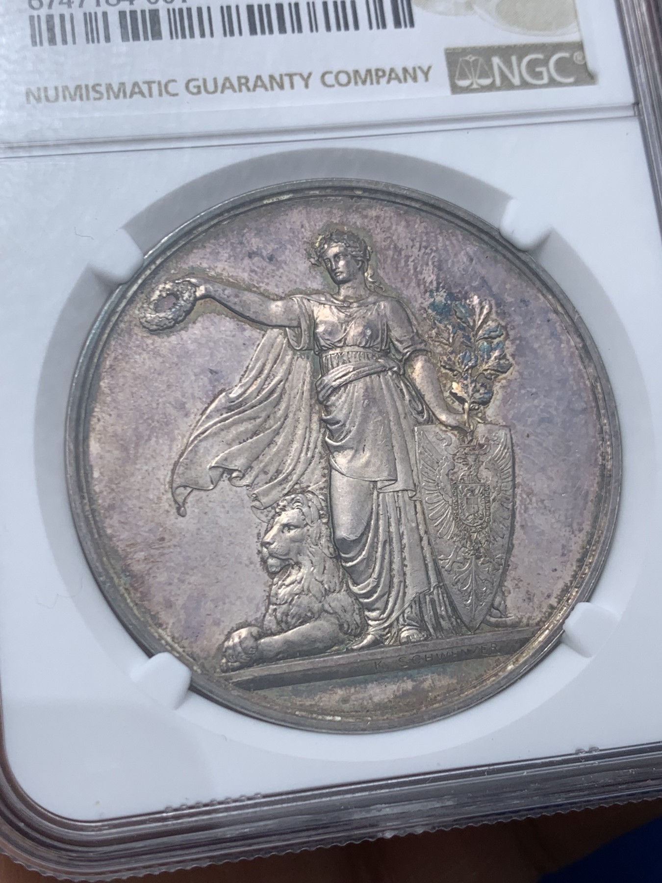 《竞宝斋》第249场-周日，周一 ，周二3场连拍 (全场包邮) NGC MS62 德国1875斯图加特射击节纪念银章 镜面底板 双面五彩包浆