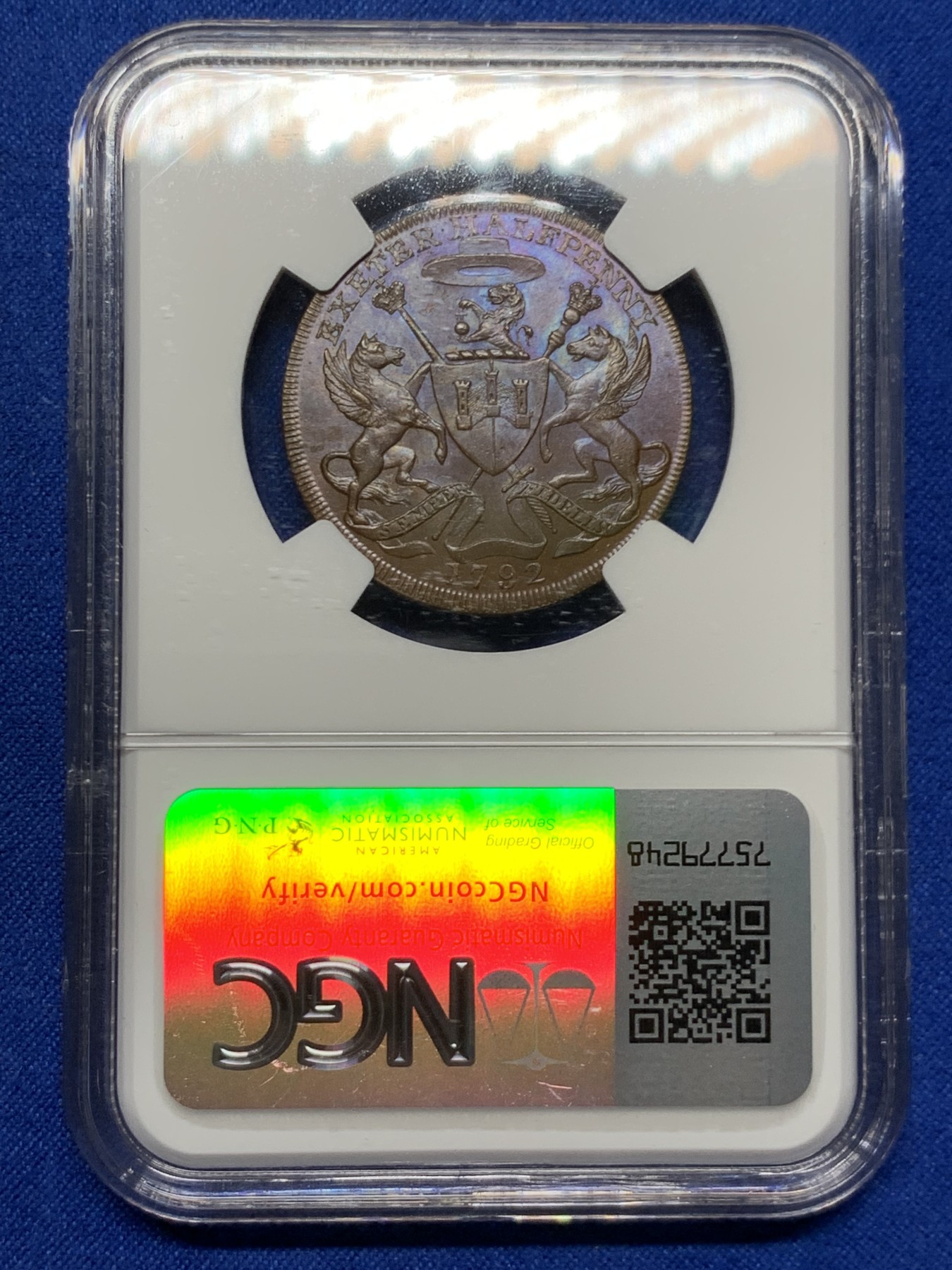 《竞宝斋》第249场-周日，周一 ，周二3场连拍 (全场包邮) NGC  MS64BN  英国  1792年  德文郡埃克塞特1/2便士TOKEN代用币