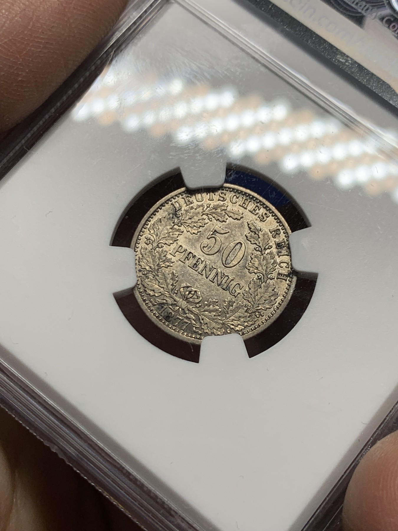 《竞宝斋》第249场-周日，周一 ，周二3场连拍 (全场包邮) NGC  AU58  德国  1877年  短翅鹰50芬尼，短翅的50芬尼比半马克少见的多