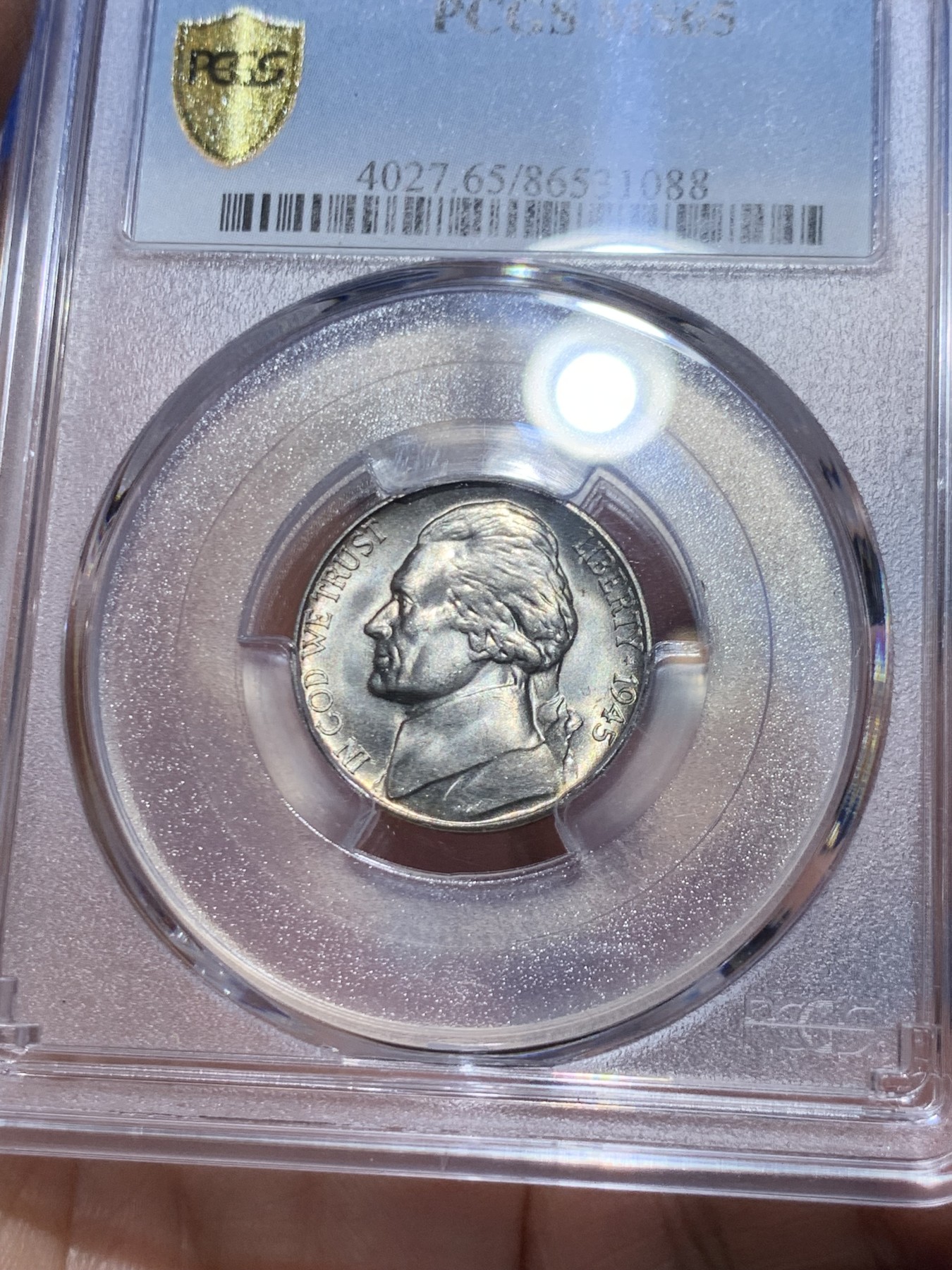 《竞宝斋》第249场-周日，周一 ，周二3场连拍 (全场包邮) PCGS MS65 美国 1945年 杰弗逊 5美分 战时低银版 仅1942-1945这几年为含银版，其余年份都是镍币