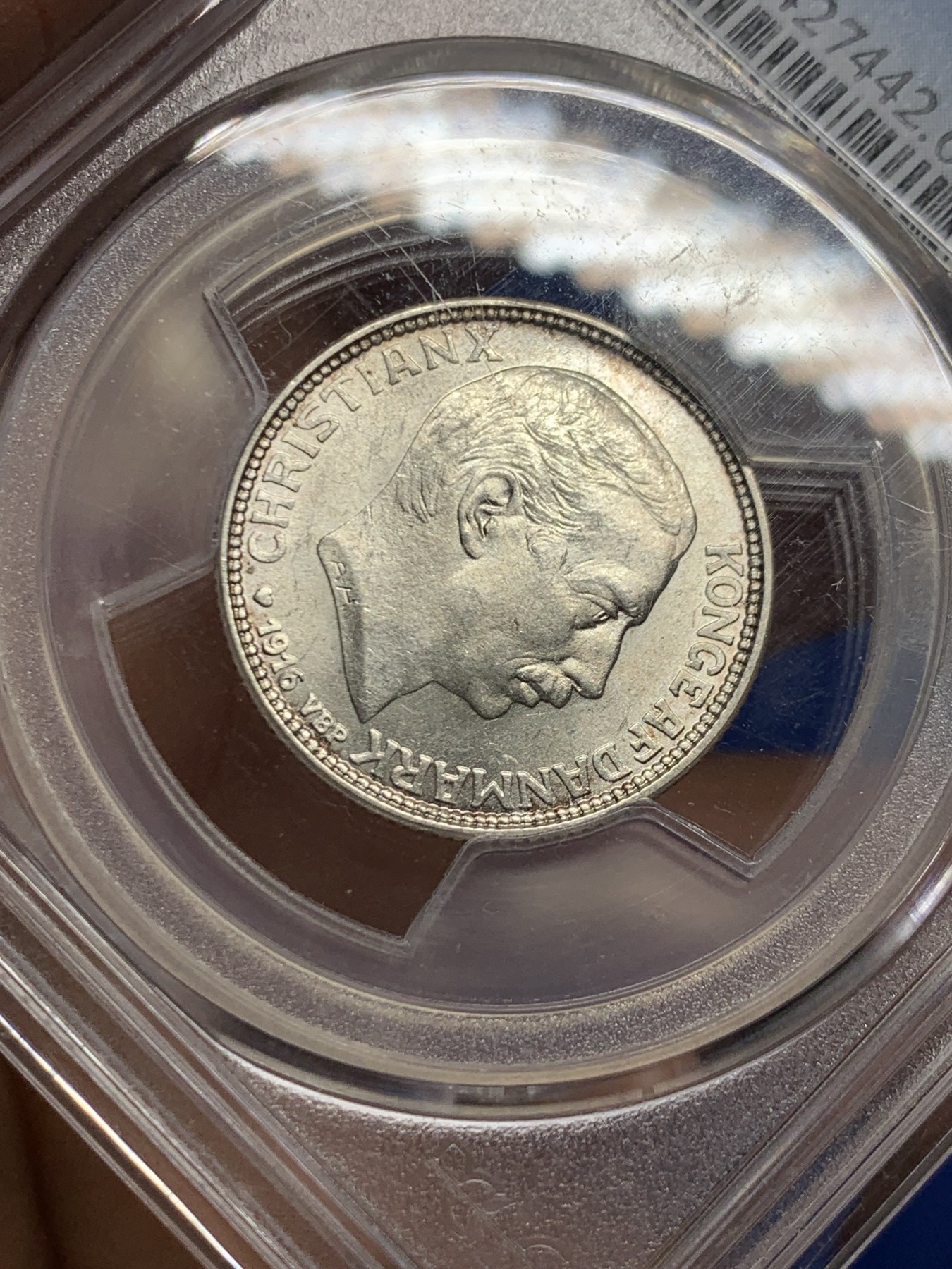 《竞宝斋》第249场-周日，周一 ，周二3场连拍 (全场包邮) PCGS  MS64  丹麦  1916年  克里斯蒂安十世克朗