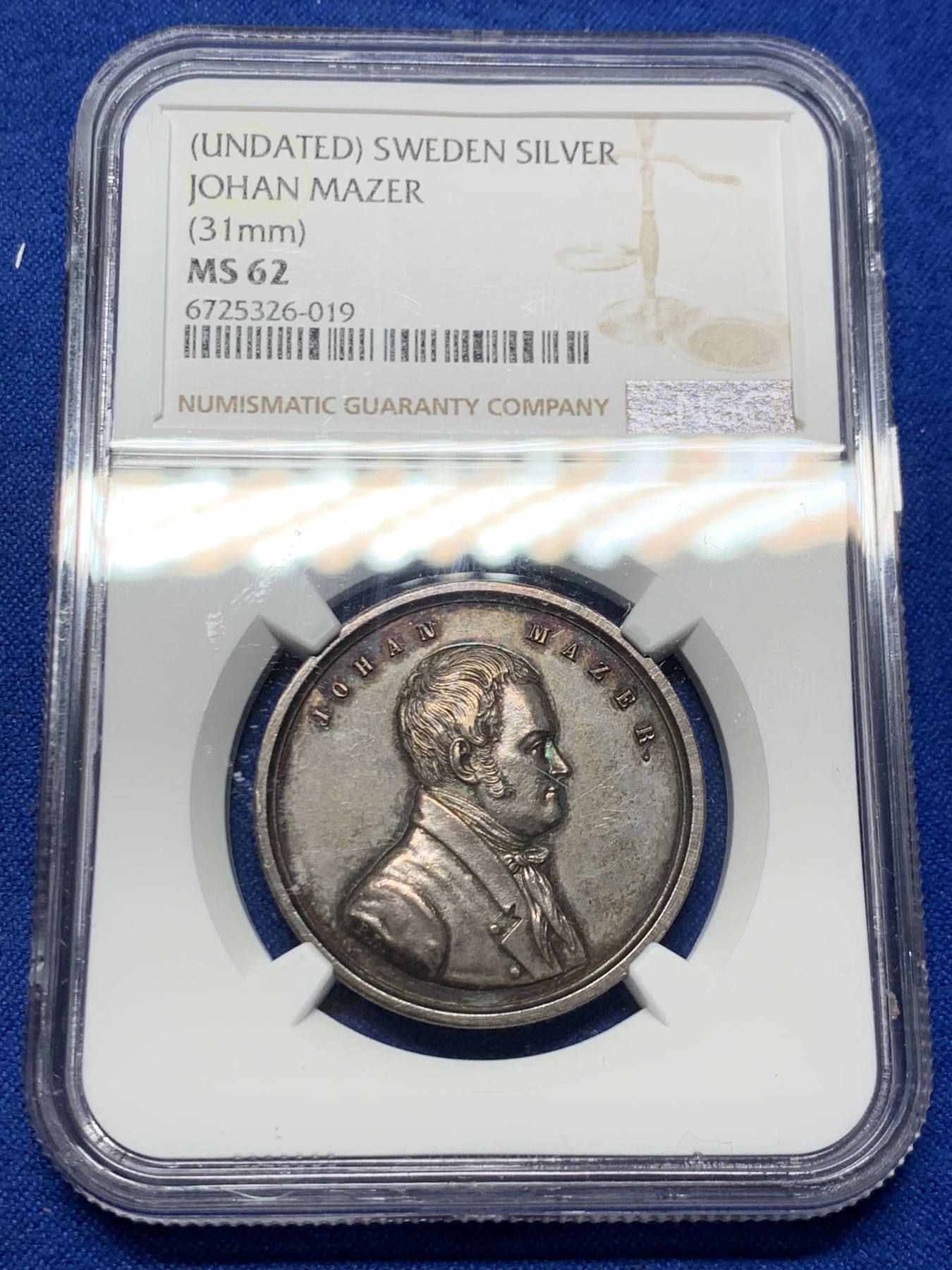 《竞宝斋》第249场-周日，周一 ，周二3场连拍 (全场包邮) NGC  MS62  瑞典  19世纪  艺术家约翰马泽尔小银章