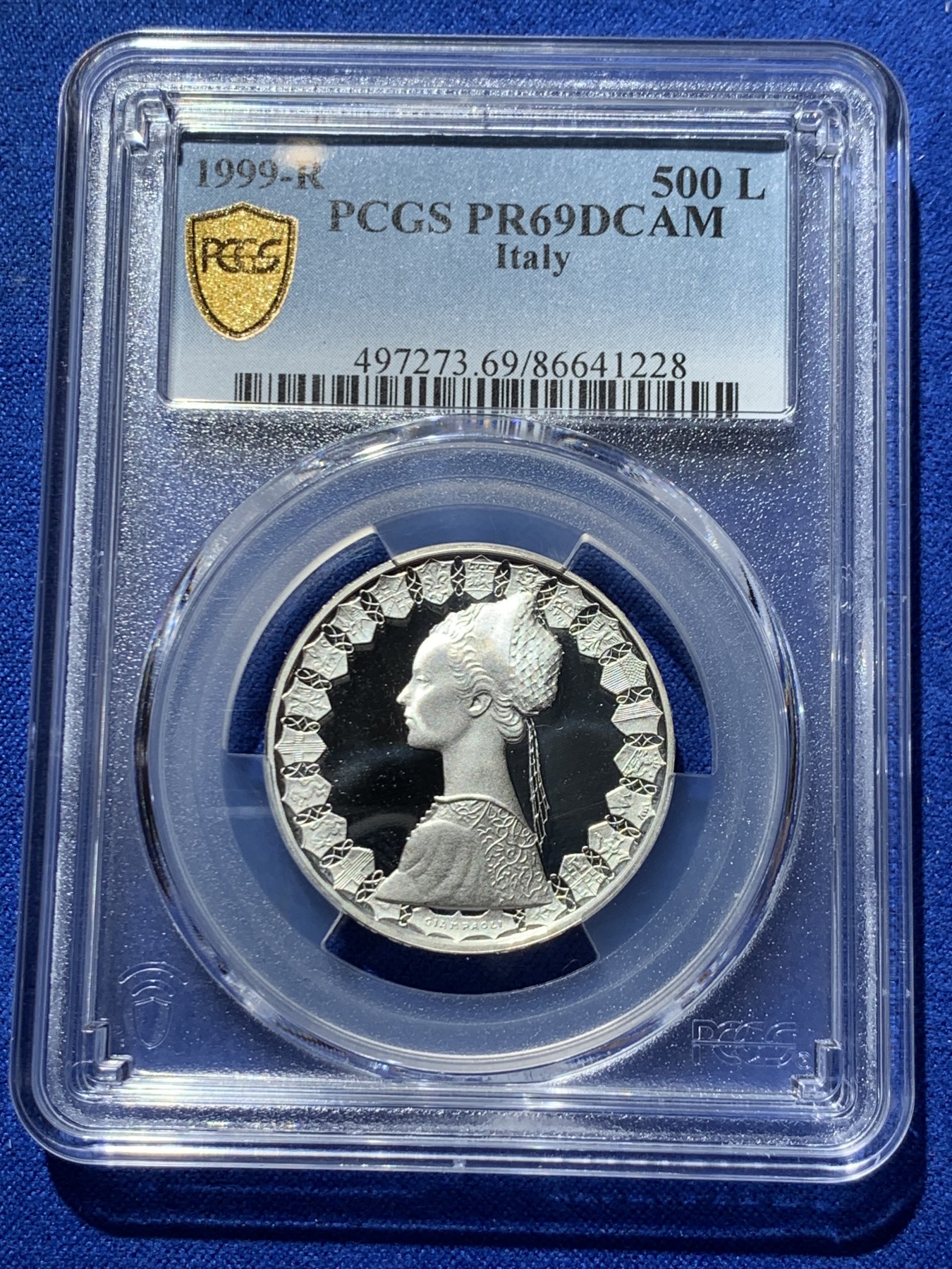 《竞宝斋》第249场-周日，周一 ，周二3场连拍 (全场包邮) PCGS PR69DCAM 意大利1999年帆船少女500里拉精制银币 冠军分