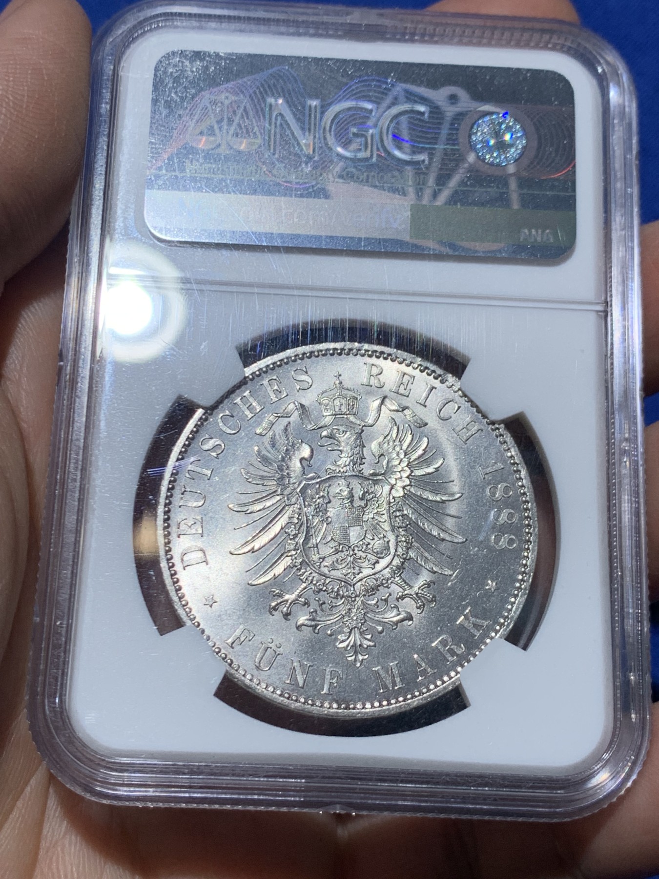 《竞宝斋》第249场-周日，周一 ，周二3场连拍 (全场包邮) NGC MS63+ 德国普鲁士 1888年 三皇 5马克 银币