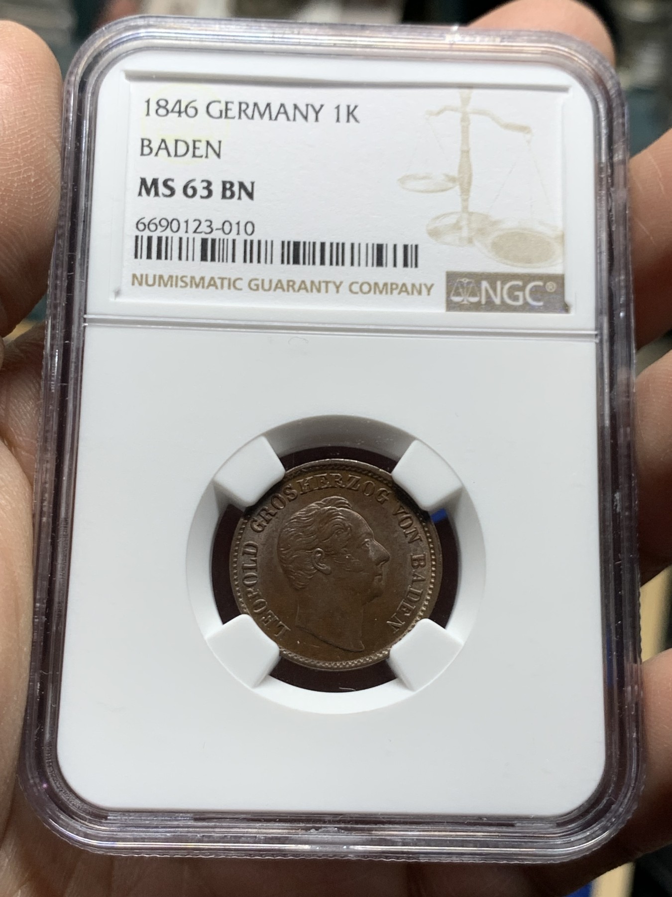 《竞宝斋》第249场-周日，周一 ，周二3场连拍 (全场包邮) NGC  MS63BN  德国  1846年  巴登1克鲁泽，少见小邦早期好品相铜币