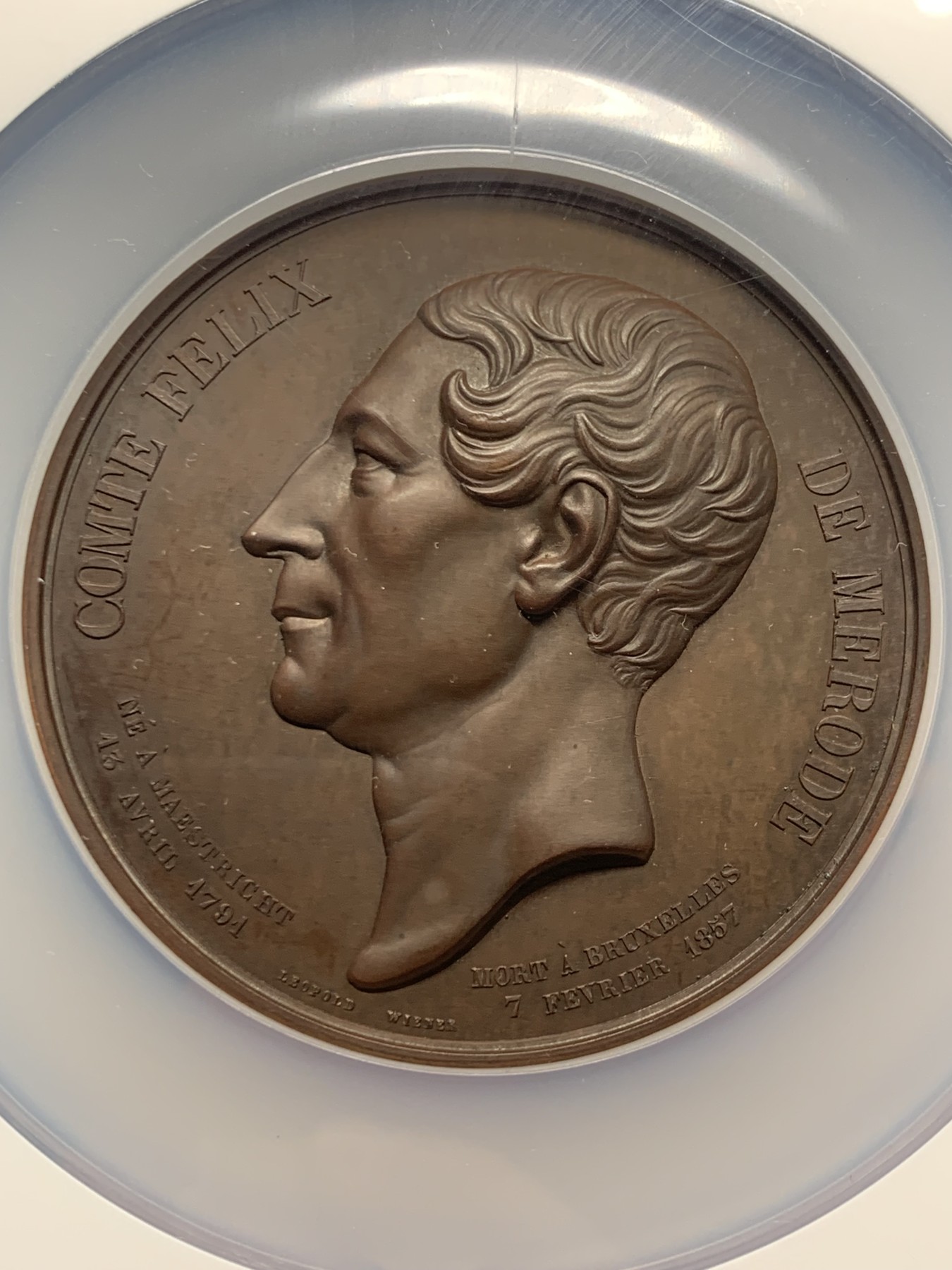 《竞宝斋》第249场-周日，周一 ，周二3场连拍 (全场包邮) NGC  MS63BN  比利时  1857  财政部长费利克铜章，很漂亮的红铜大章