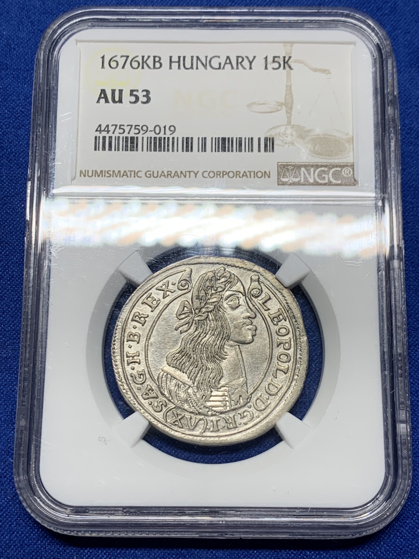 《竞宝斋》第249场-周日，周一 ，周二3场连拍 (全场包邮) NGC  AU53  匈牙利 1676年利奥波德一世15K