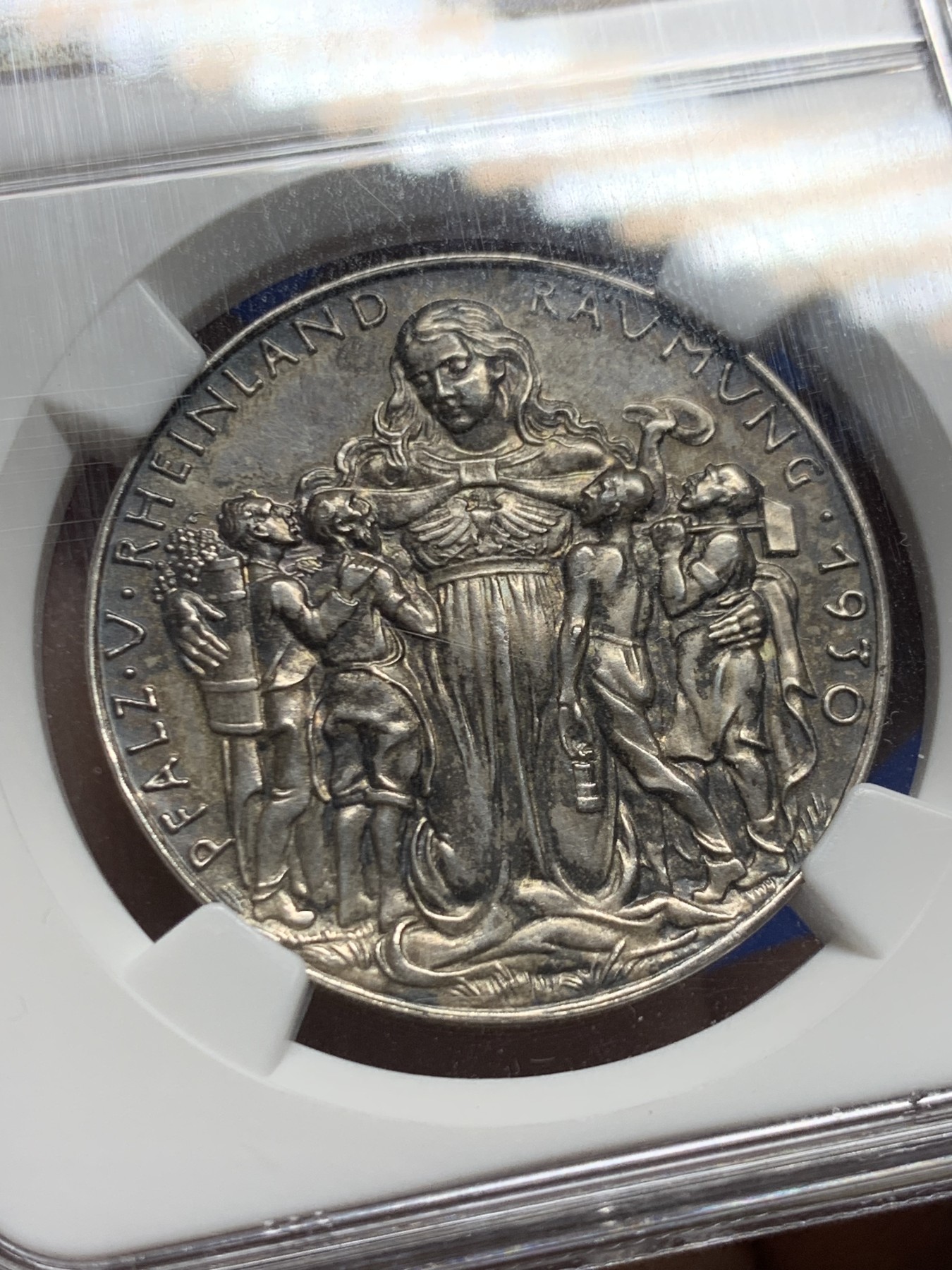 《竞宝斋》第249场-周日，周一 ，周二3场连拍 (全场包邮) NGC  MS63  德国  1930  卡尔哥茨作品莱茵回归海神银章