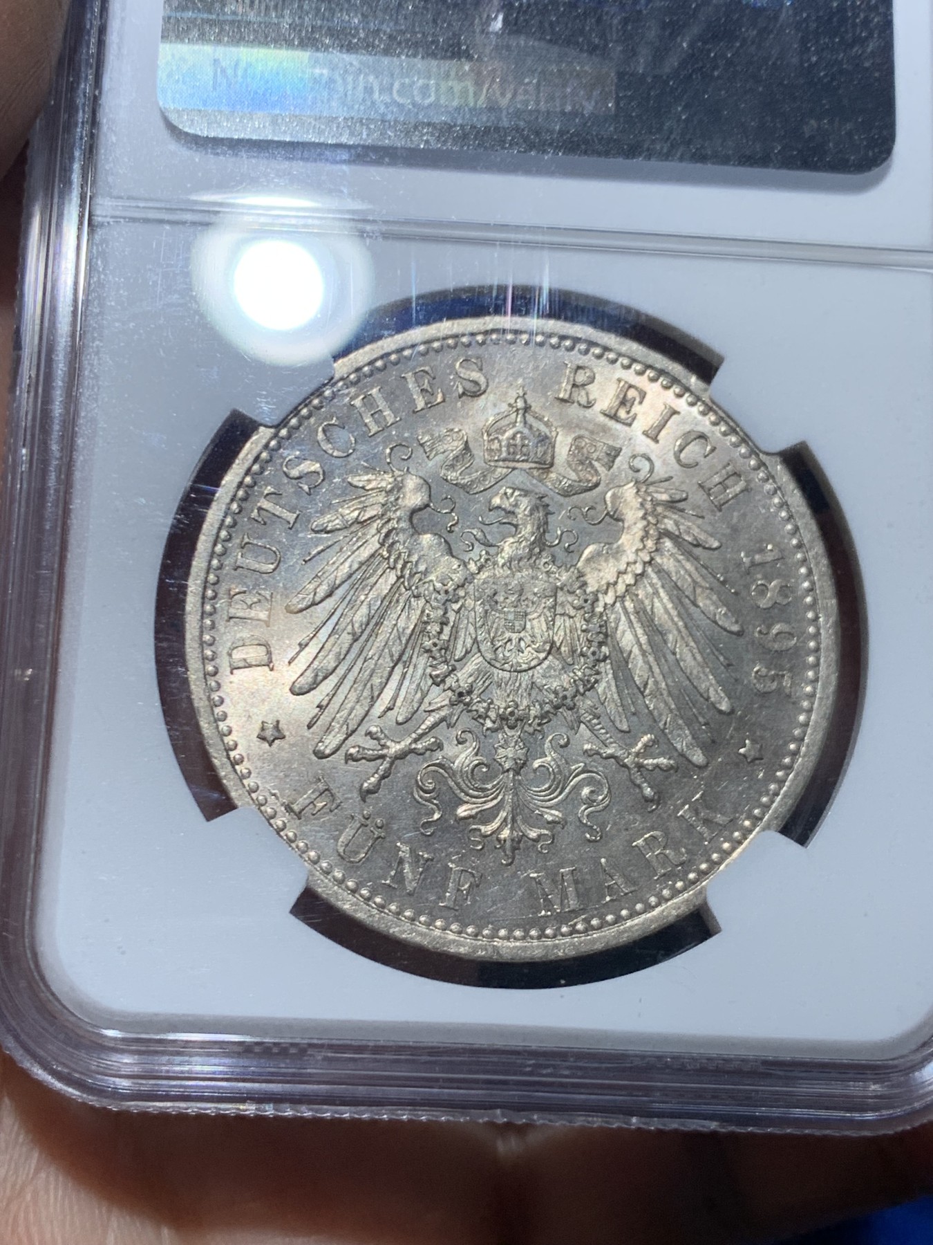 《竞宝斋》第249场-周日，周一 ，周二3场连拍 (全场包邮) NGC MS61 德国普鲁士 1895年 威廉二世大头 5马克 银币