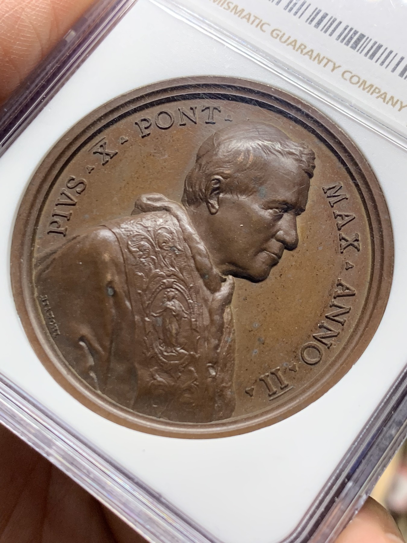 《竞宝斋》第249场-周日，周一 ，周二3场连拍 (全场包邮) NGC  MS63BN  梵蒂冈  1904  教皇庇护十世铜章，加厚盒子