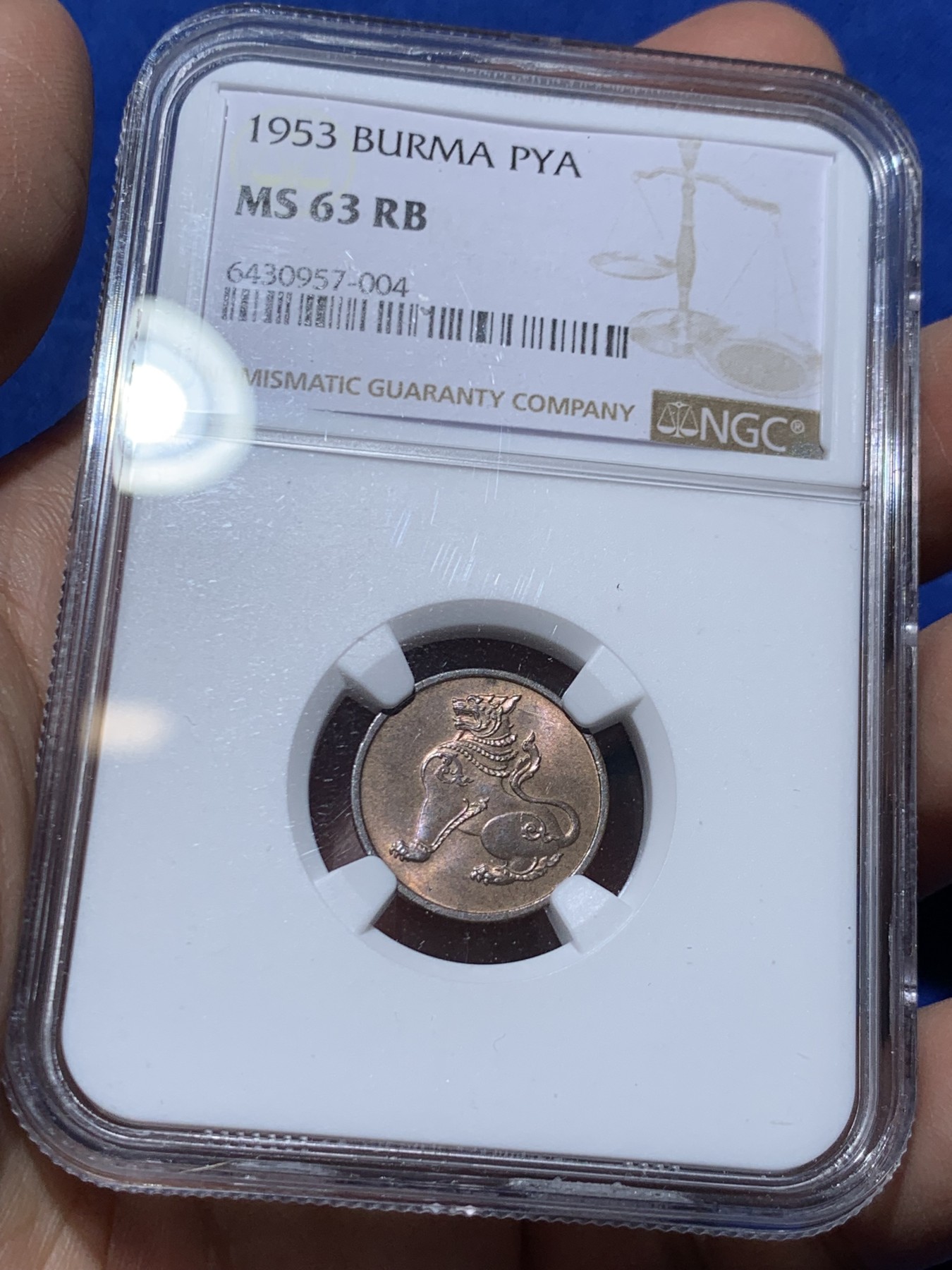 《竞宝斋》第249场-周日，周一 ，周二3场连拍 (全场包邮) NGC MS63RB 缅甸早期麒麟1p铜币