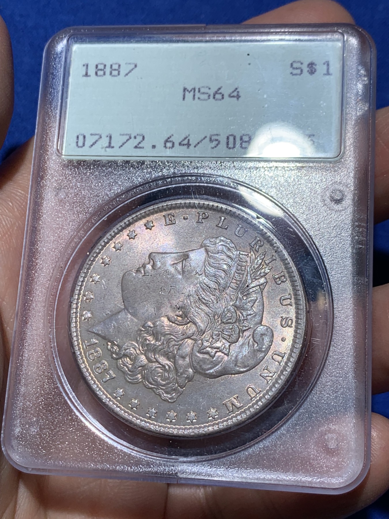 《竞宝斋》第249场-周日，周一 ，周二3场连拍 (全场包邮) PCGS MS64 美国 1887年 摩根银币 rattler 一代盒 正面淡紫包浆 鹰面银光十足 绝版盒子+低评品质