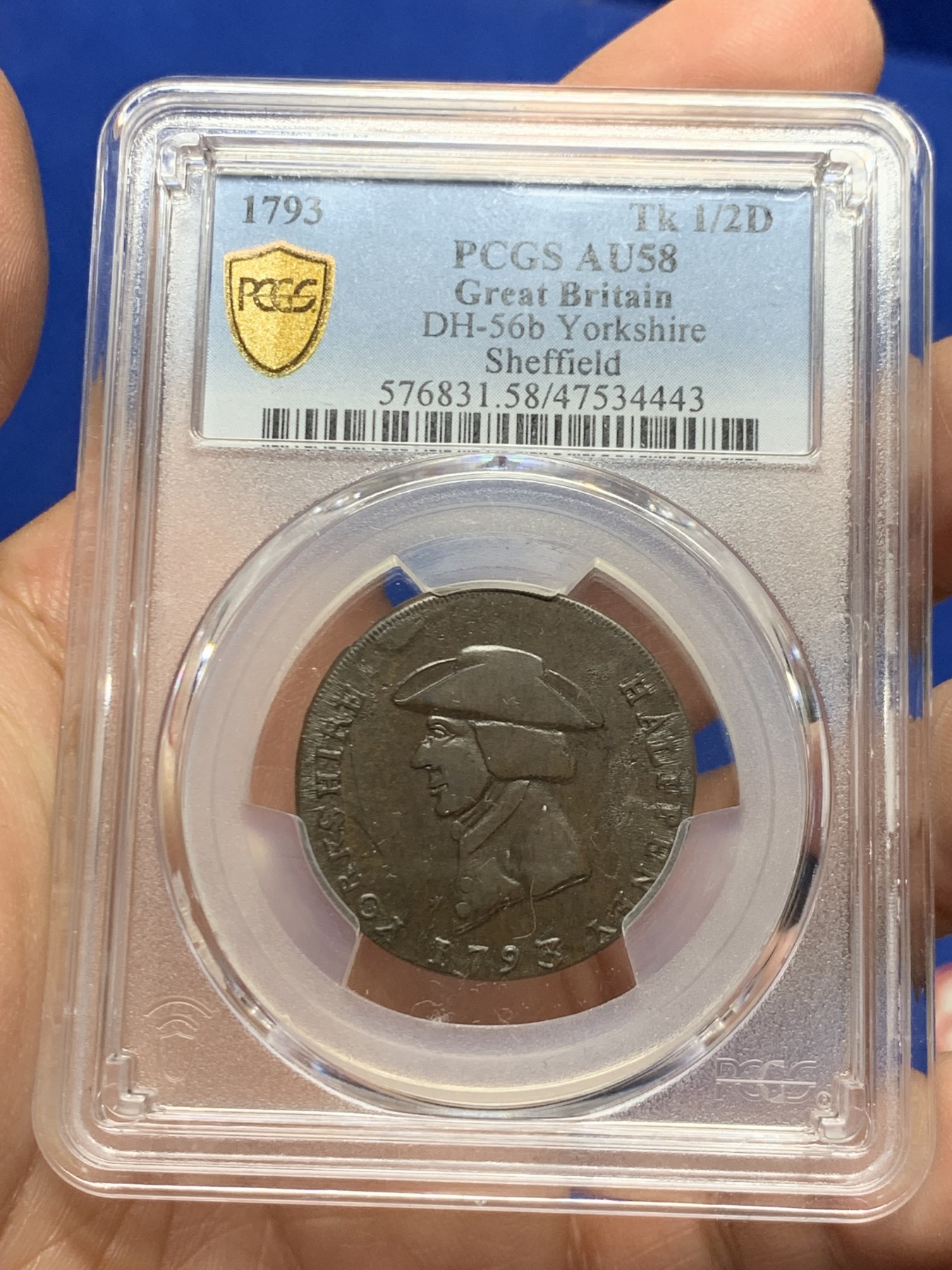 《竞宝斋》第249场-周日，周一 ，周二3场连拍 (全场包邮) PCGS  AU58  英国  1793年  约克郡1/2便士TOKEN代用币