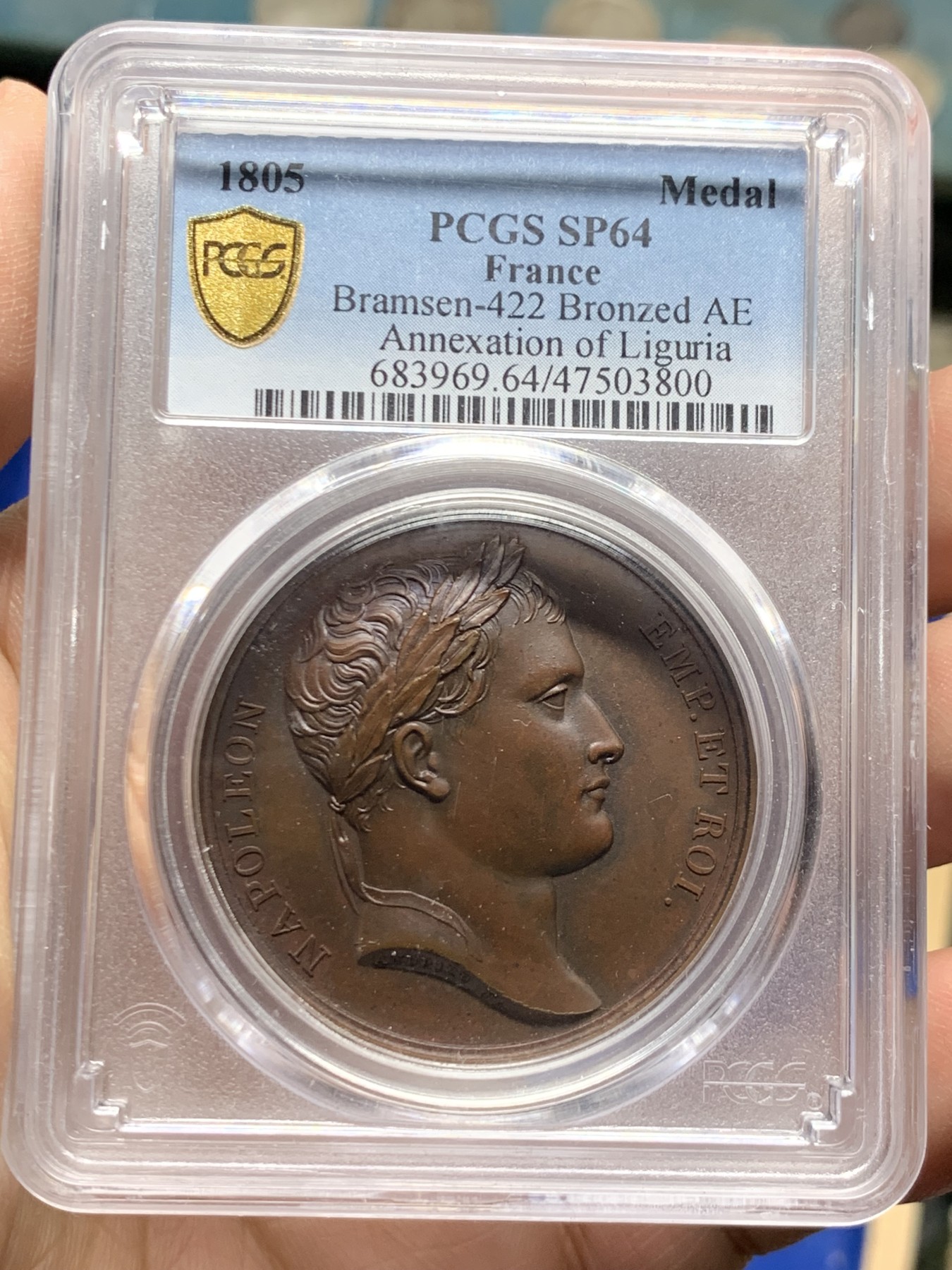 《竞宝斋》第249场-周日，周一 ，周二3场连拍 (全场包邮) PCGS  SP64  法国  1805  拿破仑吞并利古里亚铜章，PCGS加厚盒子
