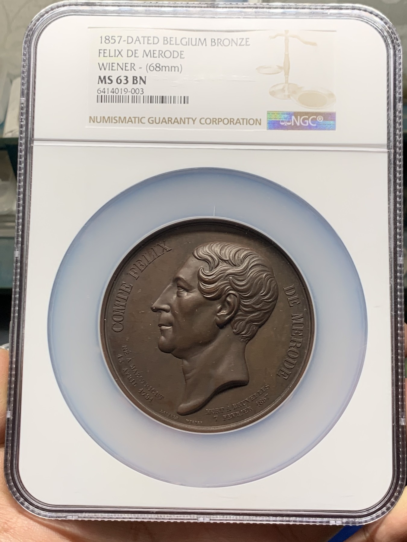 《竞宝斋》第249场-周日，周一 ，周二3场连拍 (全场包邮) NGC  MS63BN  比利时  1857  财政部长费利克铜章，很漂亮的红铜大章