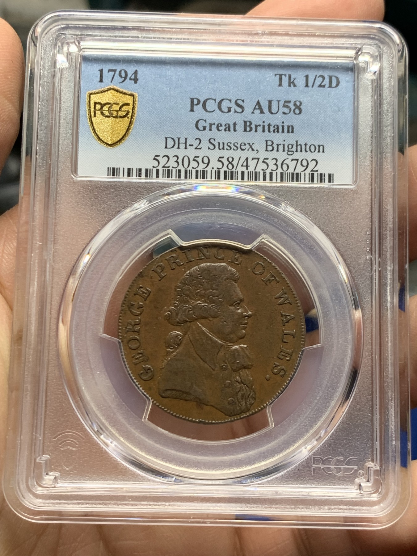 《竞宝斋》第249场-周日，周一 ，周二3场连拍 (全场包邮) PCGS  AU58  英国  1794年  苏塞克斯·布莱顿1/2便士TOKEN代用币