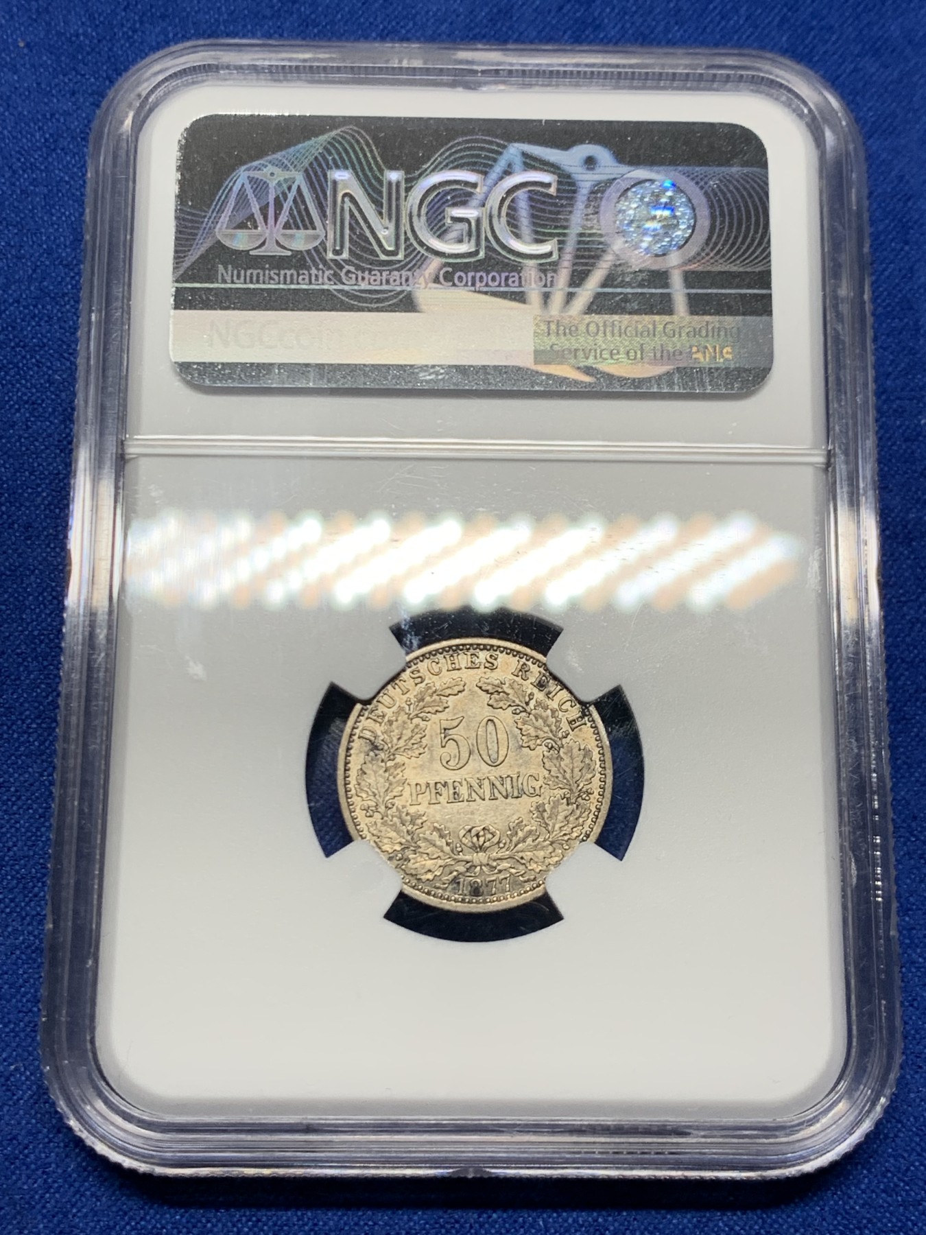 《竞宝斋》第249场-周日，周一 ，周二3场连拍 (全场包邮) NGC  AU58  德国  1877年  短翅鹰50芬尼，短翅的50芬尼比半马克少见的多