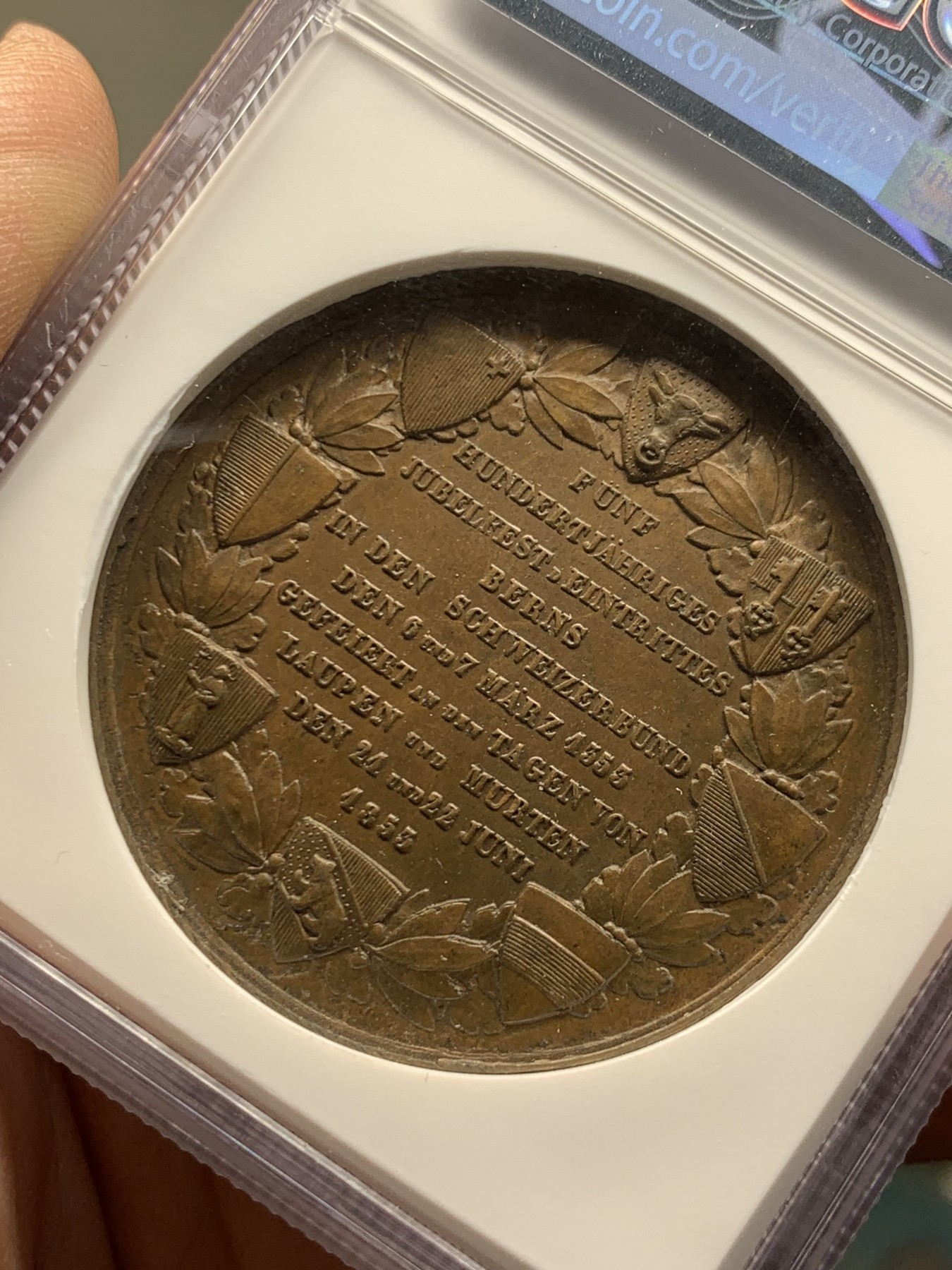 《竞宝斋》第249场-周日，周一 ，周二3场连拍 (全场包邮) NGC  MS61BN  瑞士  1853  伯尔尼建城500周年铜章