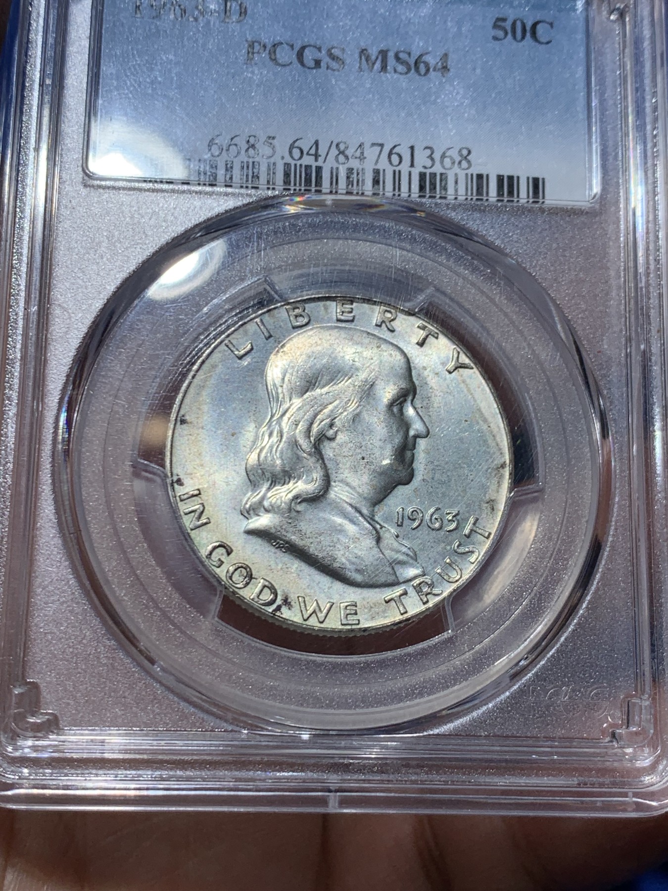 《竞宝斋》第249场-周日，周一 ，周二3场连拍 (全场包邮) PCGS MS64 美国1963年D版富兰克林50分银币