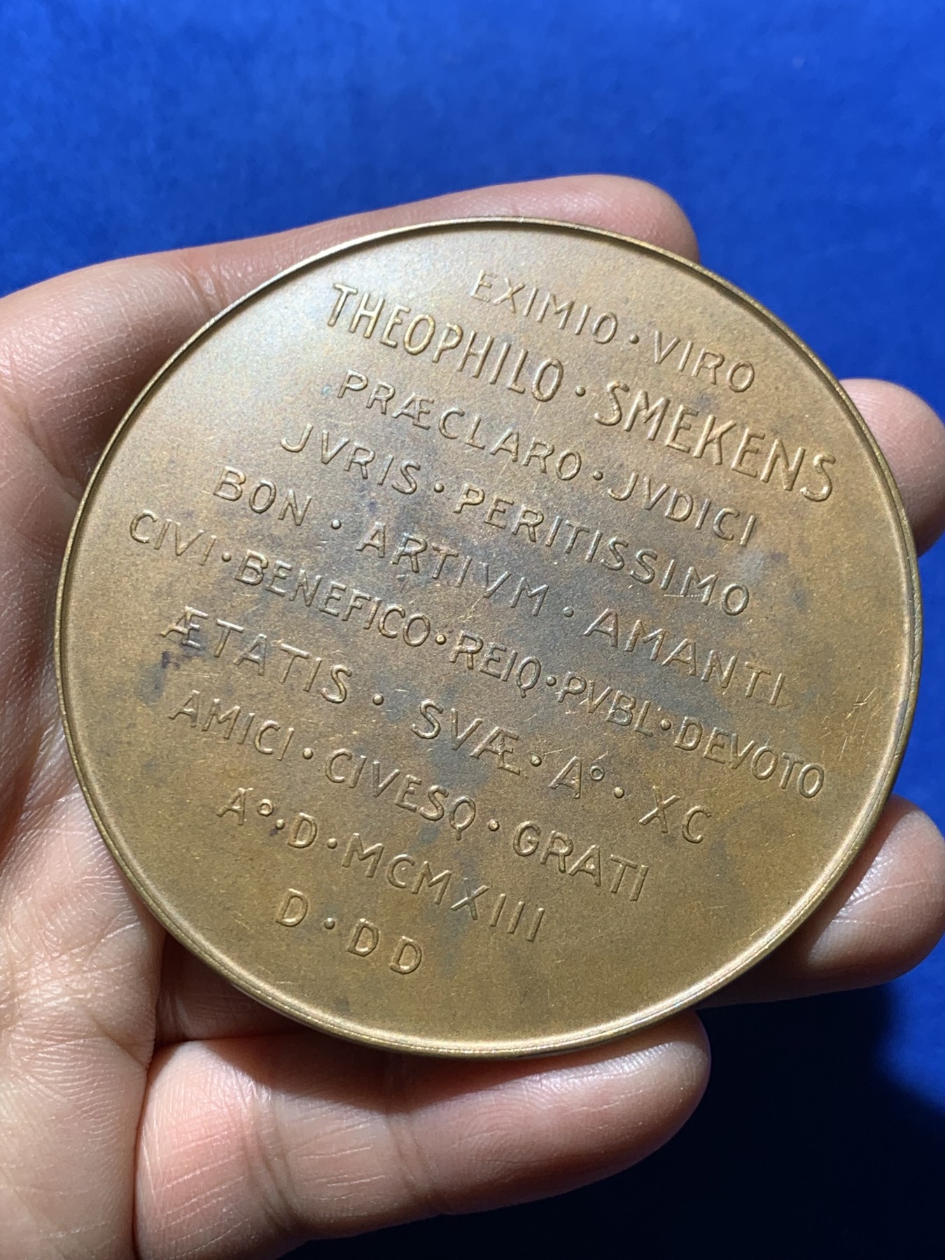 《竞宝斋》第249场-周日，周一 ，周二3场连拍 (全场包邮) 1913 比利时斯梅肯斯铜章，直径70mm，约97.9克